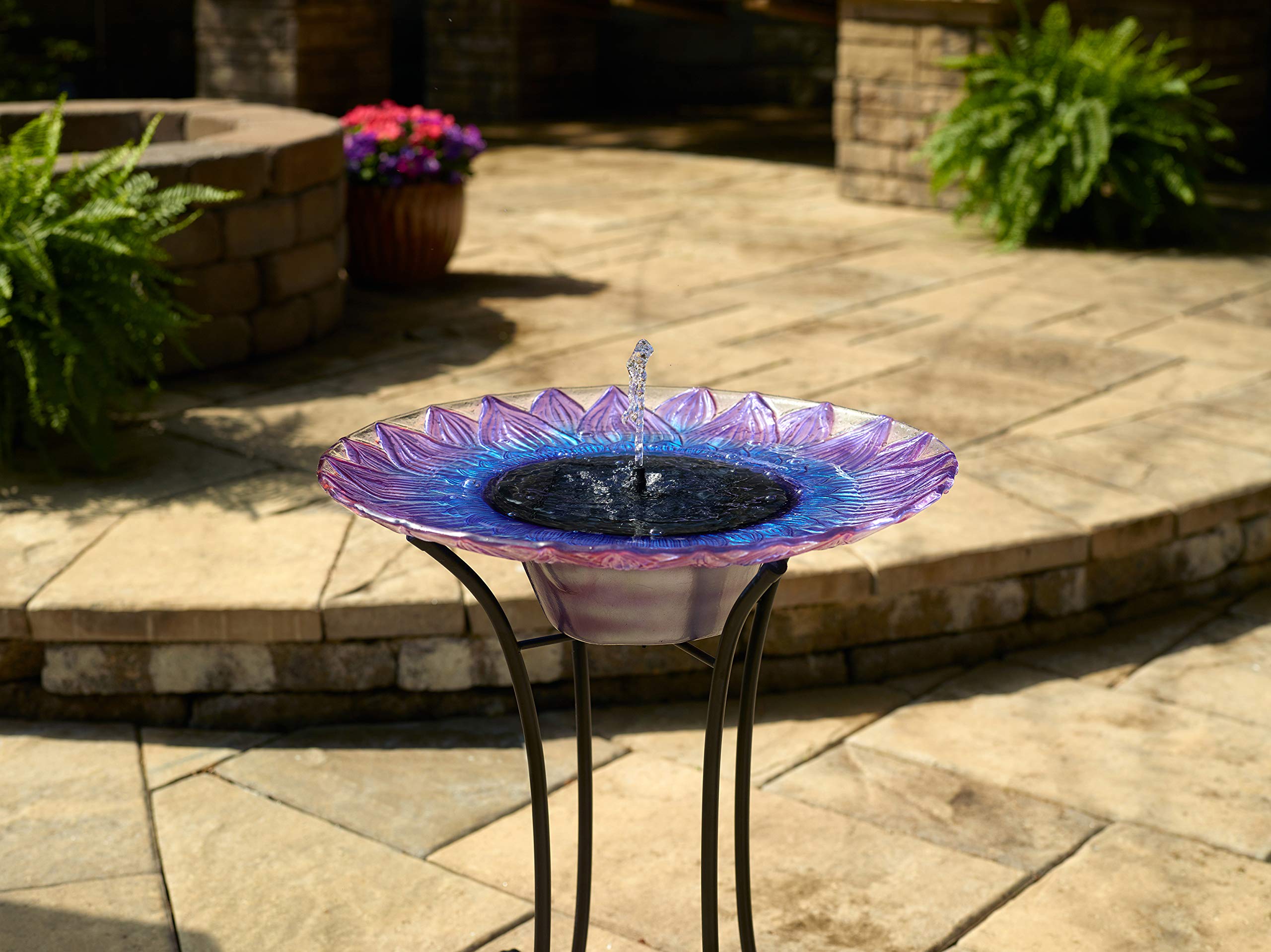 Smart Solar-Powered Birdbath Fountain with Patented Solar Panel & Pump System - Hand-Painted Glass Flower Design on Metal Stand (Blue/Purple) - Perfect for Garden, Patio, Yard Decoration & Attracting Birds