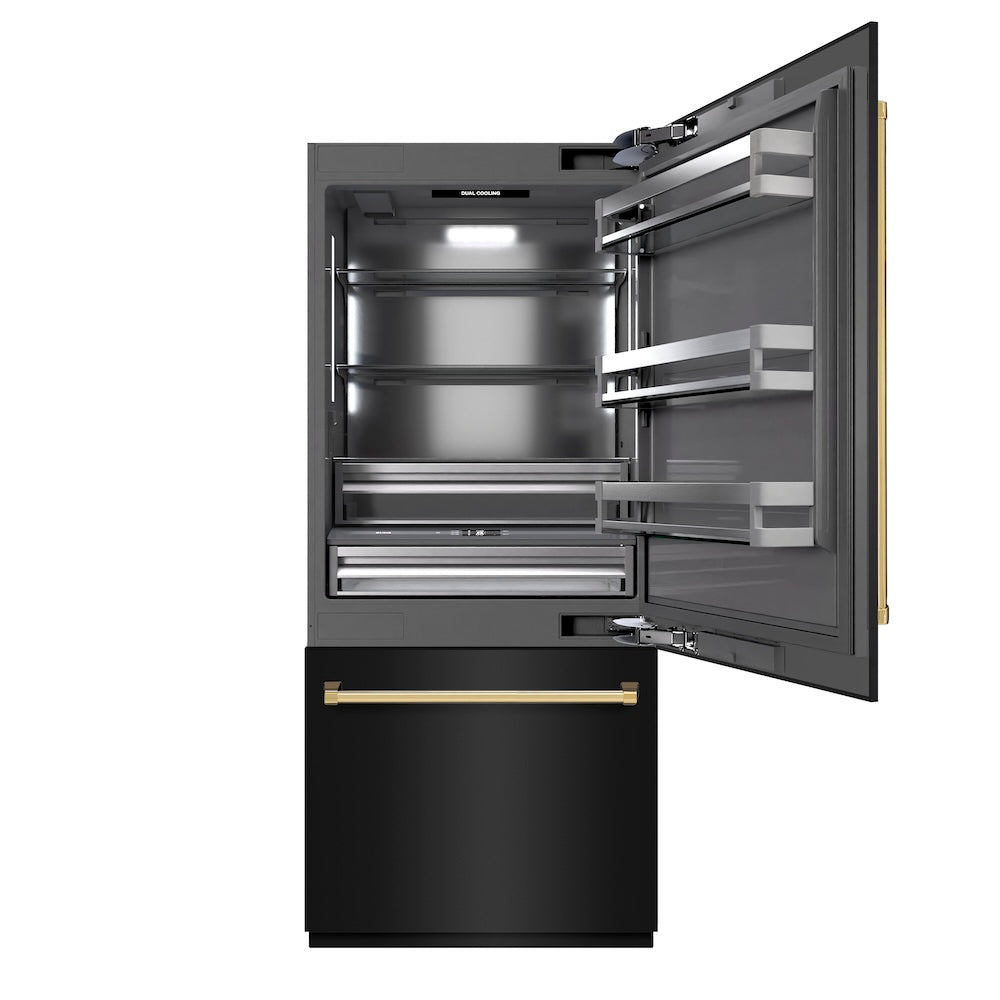 ZLINE Autograph Edition 36 Inch Built-In Bottom Freezer Refrigerator - 19.8 cu ft Capacity, Black Stainless Steel with Graphite Gray Interior & Gold Accents, Water Dispenser & Ice Maker - Perfect for Modern Kitchens, Open Concept Homes & Luxury Appliances Collection (GRBITZ BS 36 G)