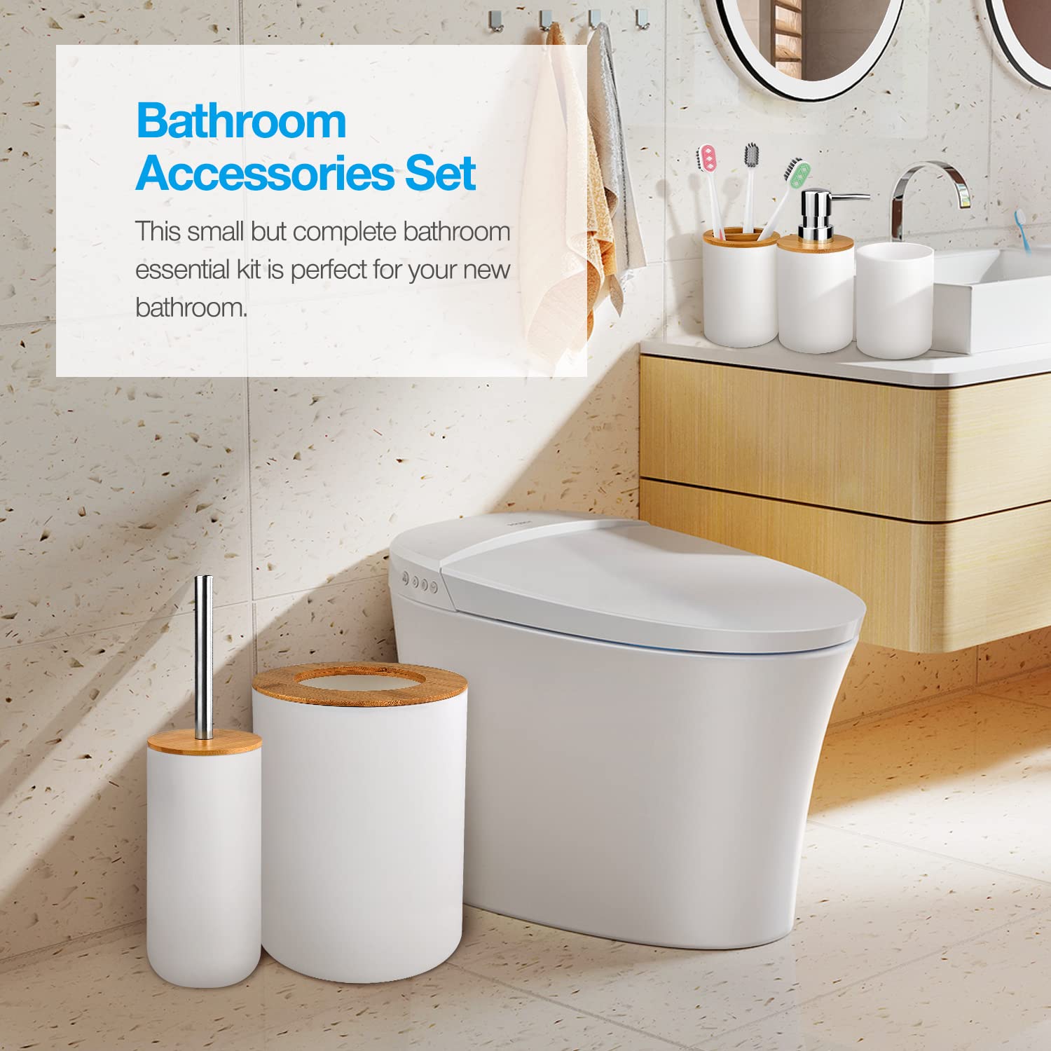6-Piece Bamboo & Plastic Bathroom Accessories Set - Toothbrush Cup, Holder, Soap Dispenser, Dish, Toilet Brush with Holder & Trash Can + 3 Bonus Toothbrushes (White) | Modern Bathroom Organization for Homes, Apartments & Guest Bathrooms