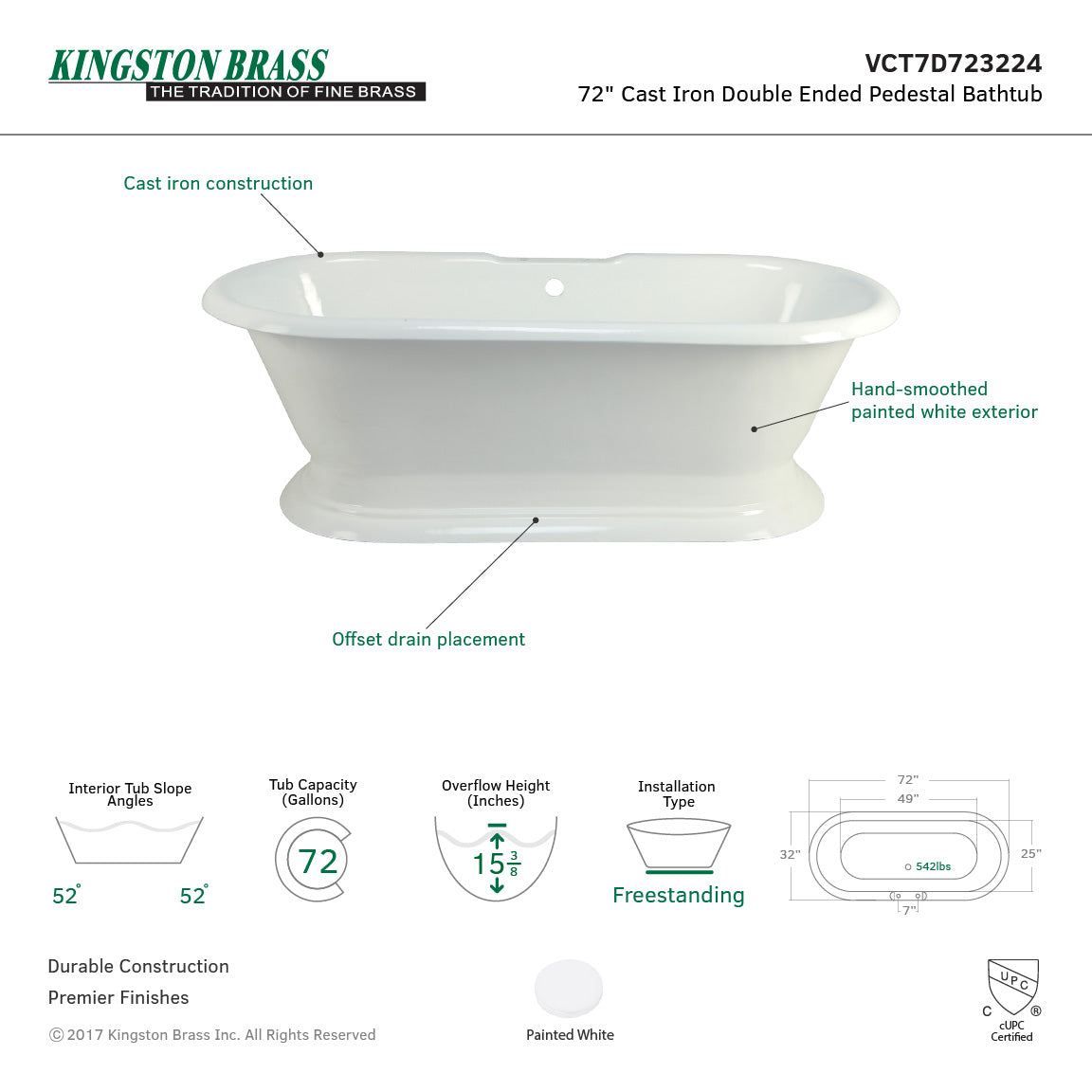 Aqua Eden 72 Inch White Cast Iron Oval Double Ended Pedestal Bathtub with 7 Inch Faucet Drillings - Freestanding Soaking Tub for Luxury Bathroom & Spa Relaxation