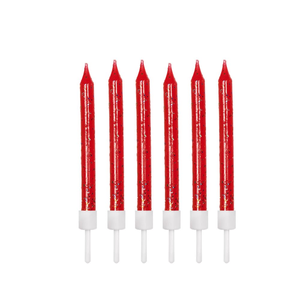 12 Pack Red Glitter Birthday Candles with Holders - 7.5cm Tall Cake Decorations for Birthday Parties, Weddings & Special Celebrations - AHC152
