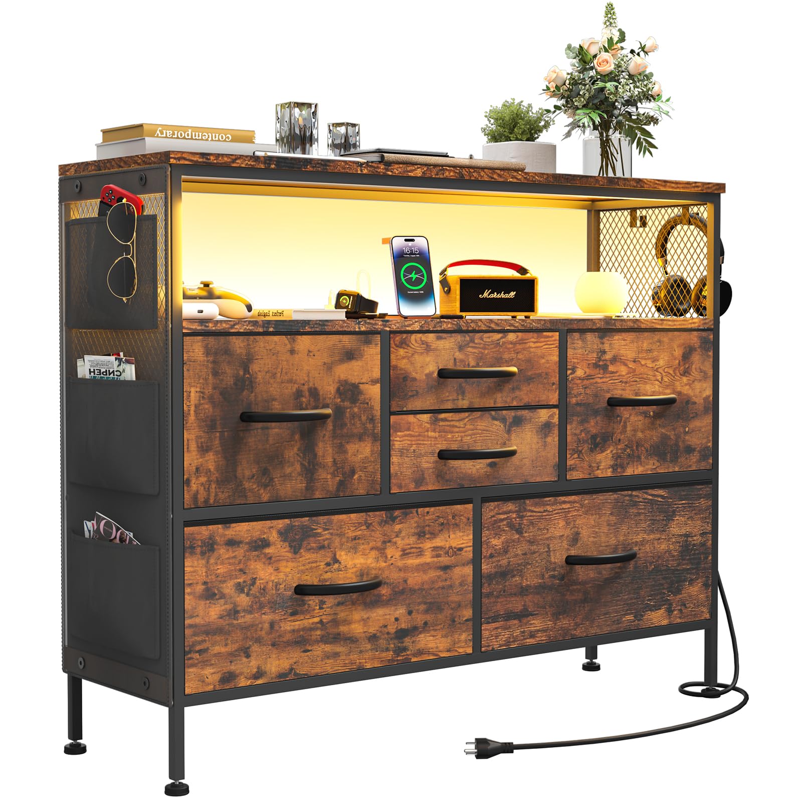 Modern 6-Drawer Dresser with Power Outlets & LED Lights - Rustic Brown TV Stand for Bedroom, Wide Storage Cabinet with Shelves, Side Pockets & Hooks - Holds 45