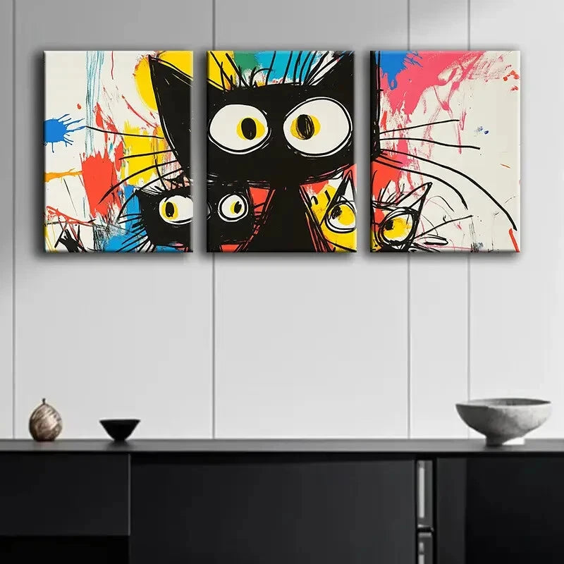 3-Piece Abstract Cute Black Cat Colorful Wall Art Set - Framed Canvas Paintings 40x60cm (16x24in) | High Quality Print | Ready to Hang | Perfect for Living Room, Bedroom & Office Decor