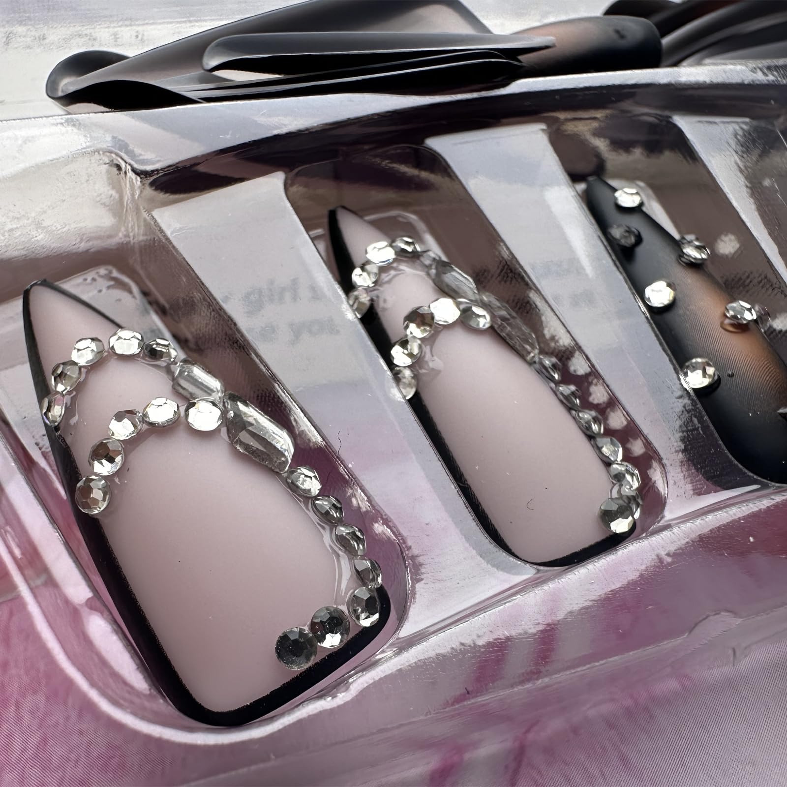 Luxury Brown Press On Nails - 24Pcs Long Stiletto Fake Nails with French Tips, Rhinestones & Goth Black Ombre Designs | Glossy Acrylic Glue On Nails for Women | Perfect for Parties, Weddings & Special Occasions