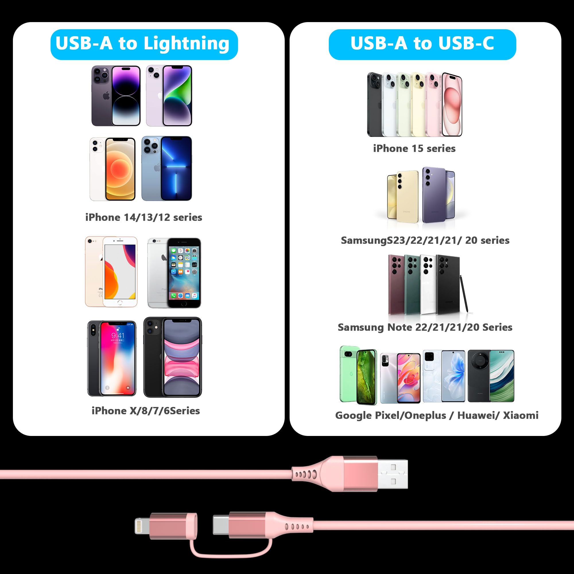MFi Certified 3-in-1 USB to USB-C/Lightning Coiled Cable - 3A Fast Charging & Data Sync for iPhone 16/15/14/13/12, Android Auto & Apple CarPlay - Short Pink Charging Cable for Car, Home & Office Use