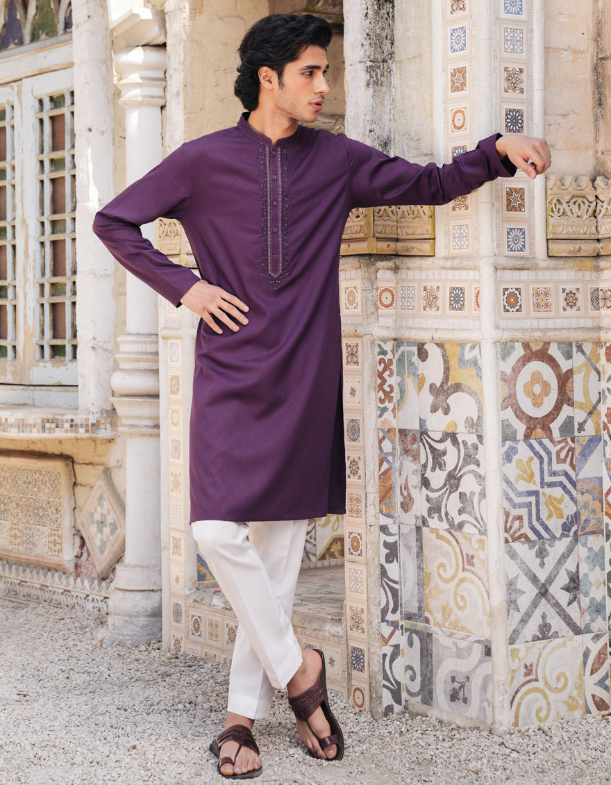 Blended Dark Purple Kurta by J. Junaid Jamshed | Premium Cotton Embroidered Pakistani Traditional Dress for Women | Perfect for Eid, Weddings & Special Occasions