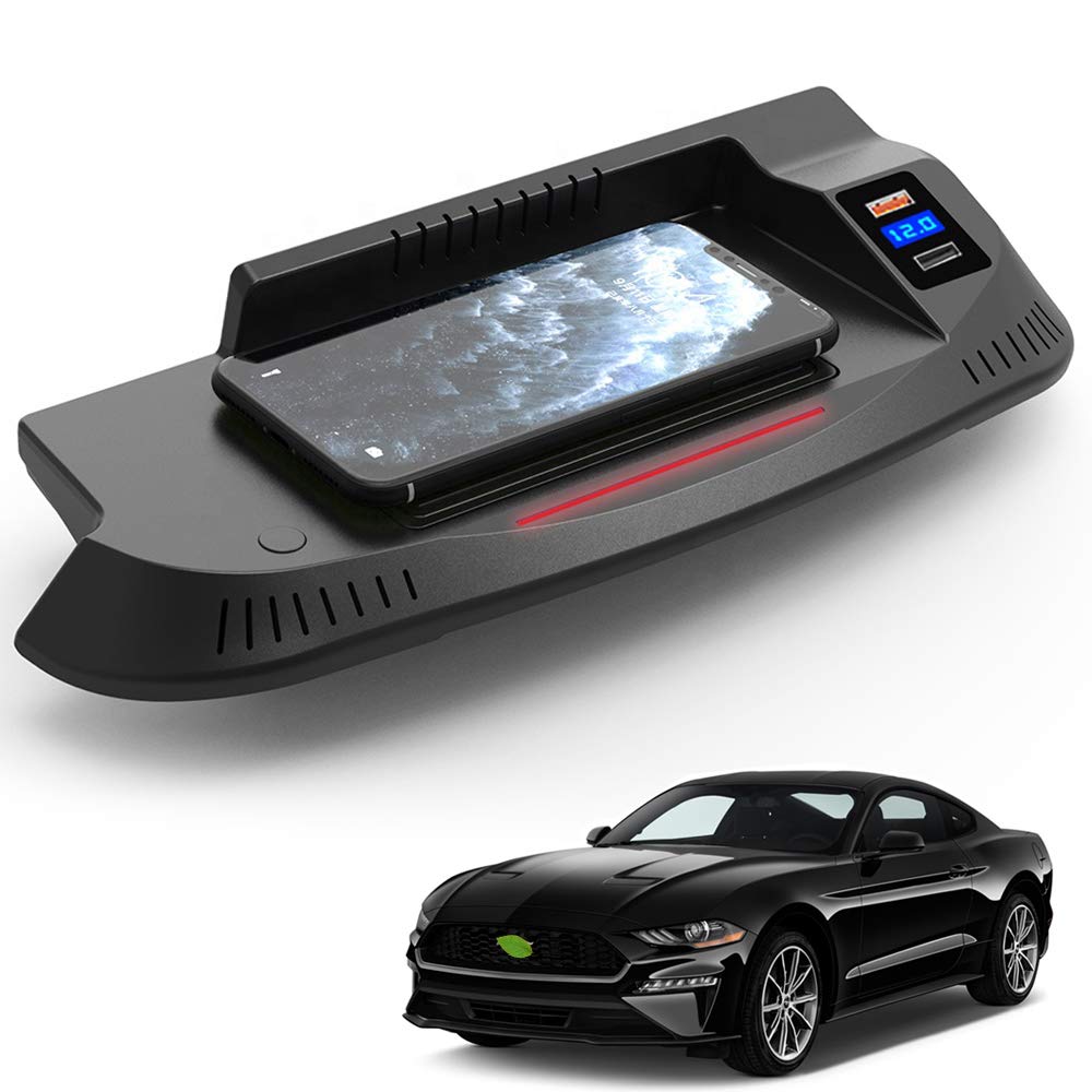 Fast Wireless Car Charger for Ford Mustang 2015-2020 - 15W Qi Charging Pad with QC3.0 USB Port - Perfect for iPhone & Galaxy Phones on Road Trips