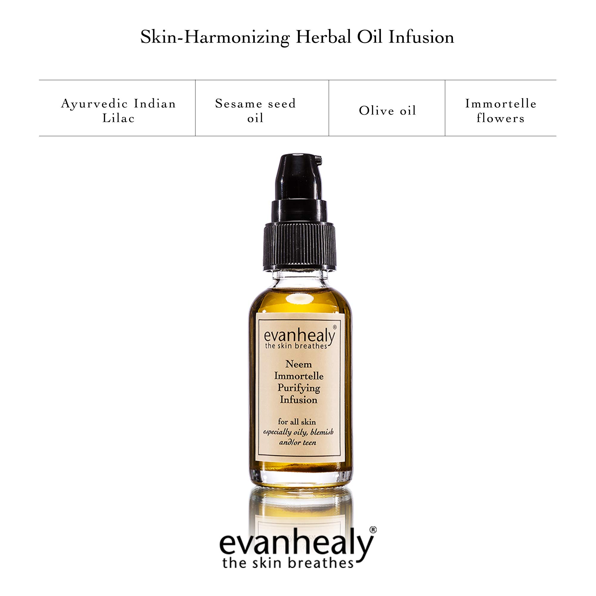 Evanhealy Neem Immortelle Purifying Infusion - Organic Facial Oil Serum & Cleanser for Congested, Sensitive Skin - Pore Minimizer & Balancing Ayurveda Face Serum with Vitamin E | Perfect for Daily Skincare Routine & Acne-Prone Skin Treatment