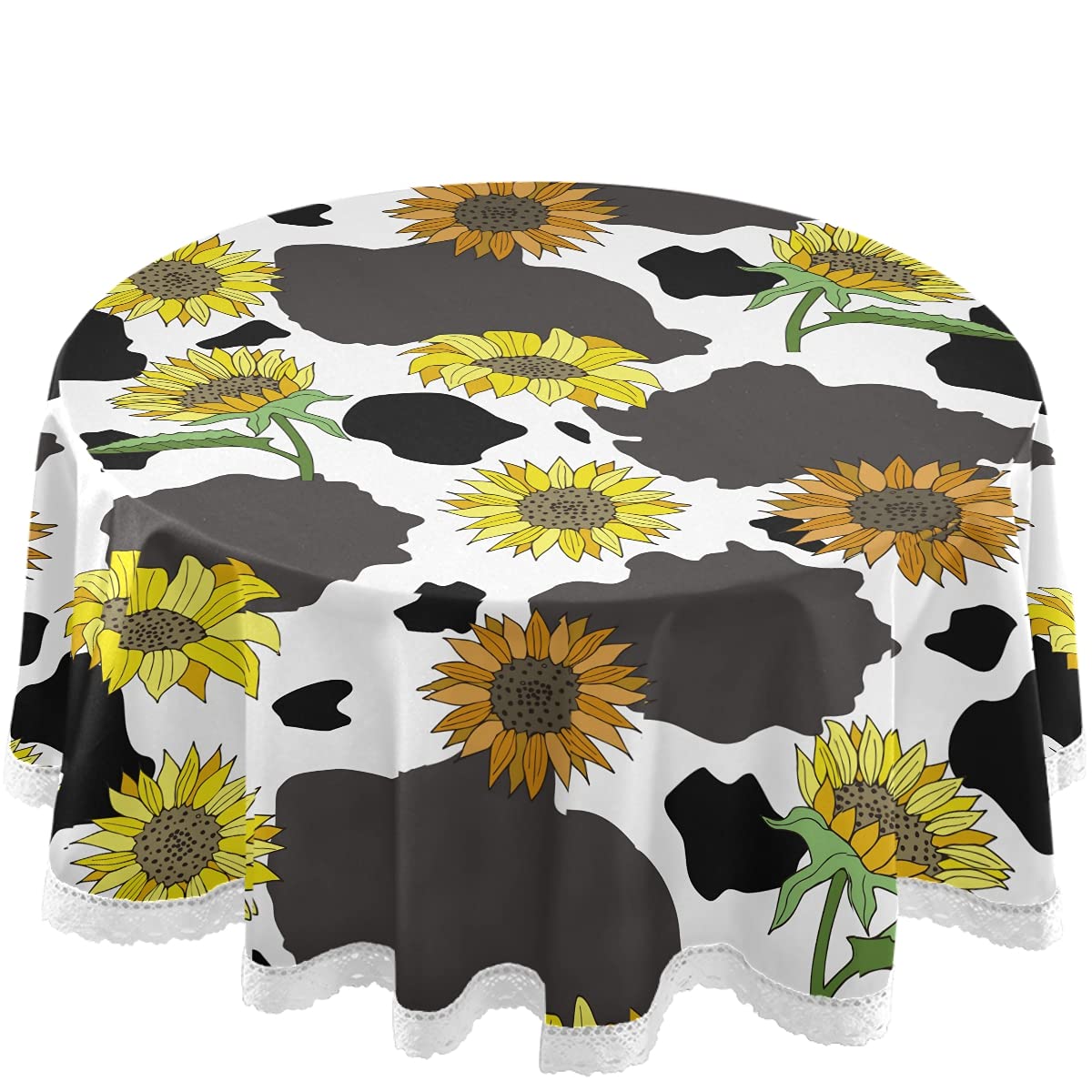 60 Inch Round Black and White Cow Print Sunflower Tablecloth - Waterproof Outdoor Table Cover for Wedding, Party, Dining Room - Perfect for Picnics, BBQs, and Farmhouse Decor