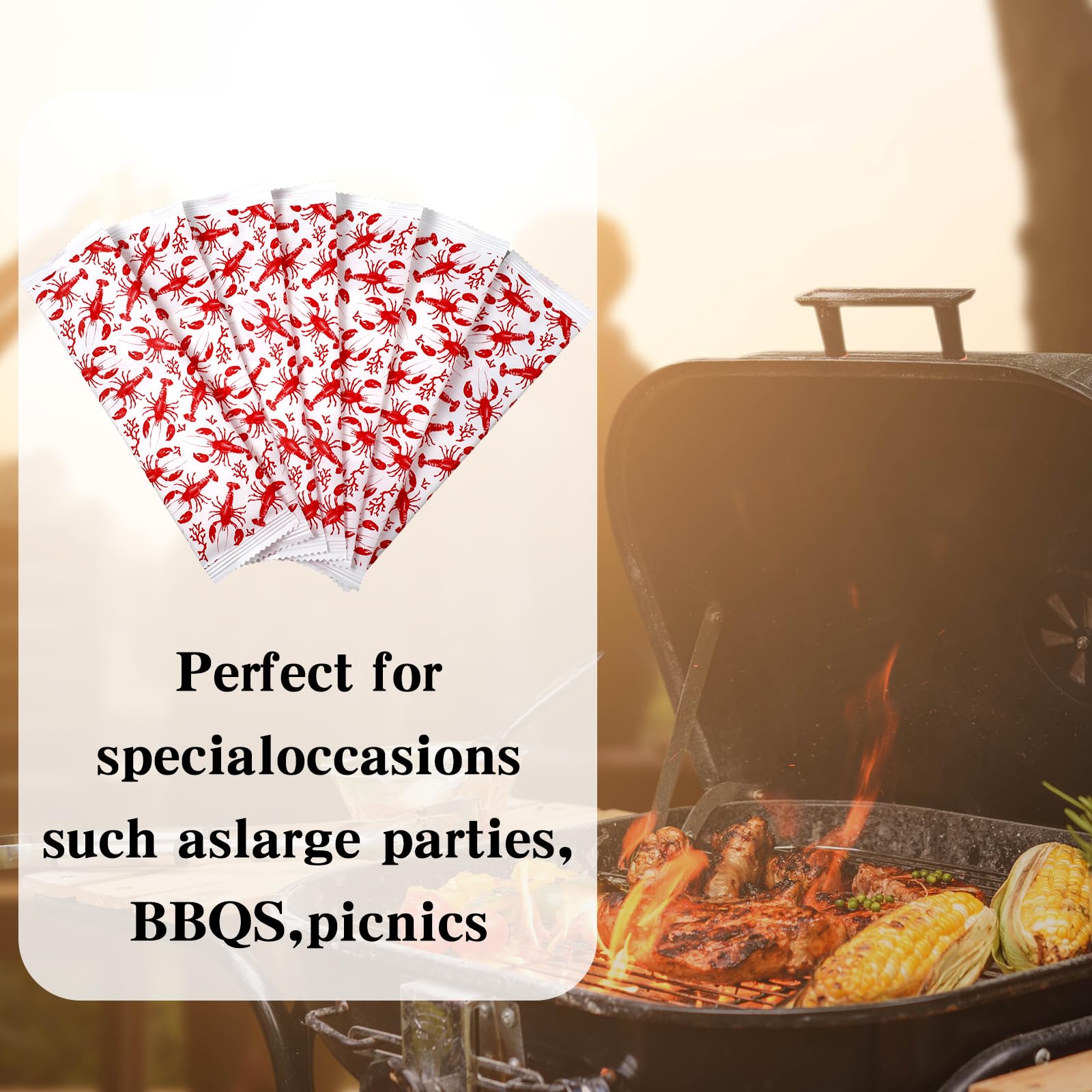 250 Pcs BBQ Wet Wipes - Individually Wrapped Pre-Moistened Grill Cleaning Wipes for Hands & Surfaces | Perfect for BBQs, Catering, Restaurants, Weddings & Outdoor Cooking (Lobster Design) - Keep Hands Clean While Grilling, Camping & Picnics