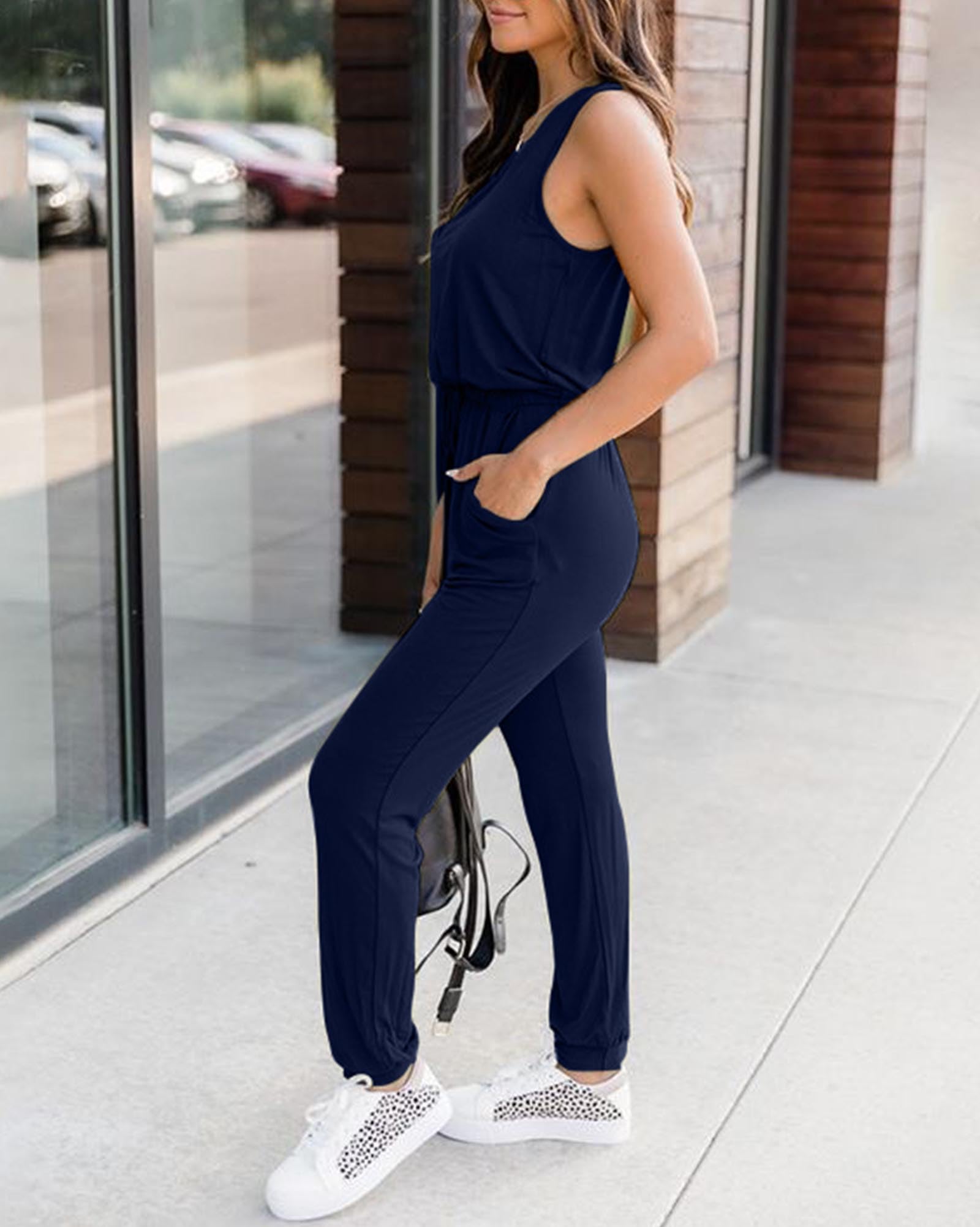 KIRUNDO Women's 2025 Summer Jumpsuit - Sleeveless Casual Romper with Drawstring Elastic Waist & Pockets | Perfect for Beach Vacation, Lounge Wear & Summer Outfits