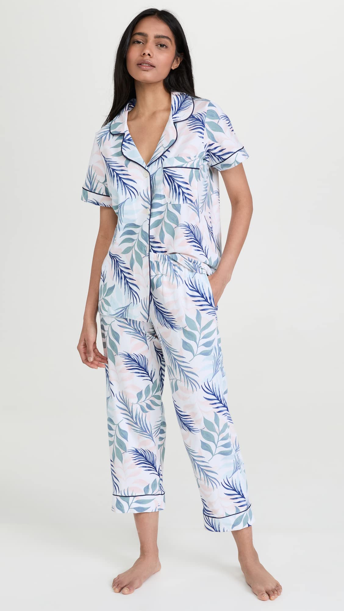 BedHead Pajamas Women's Short Sleeve Classic Cropped PJ Set - Breezy Palm Print in White Size M | Soft & Breathable Sleepwear for Summer Nights & Lounge Wear