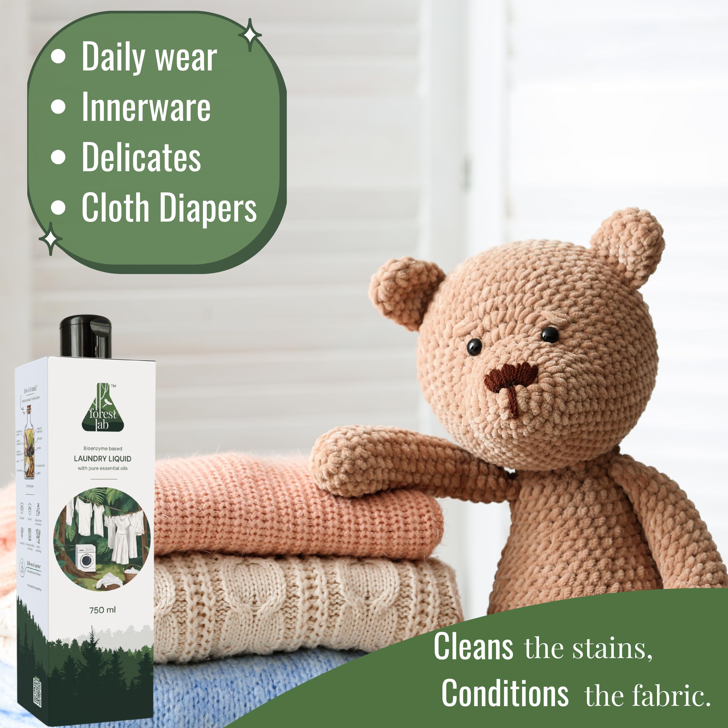 Forest Lab Natural Laundry Detergent Liquid - 3L (750ml x 4 Pack) | Plant-Based Bio-Enzyme Formula with Lavender & Geranium Essential Oils | Safe for Babies & Sensitive Skin | Works in Front/Top Load Washers | Removes Tough Stains | Perfect for Eco-Friendly Families & Hypoallergenic Laundry Care