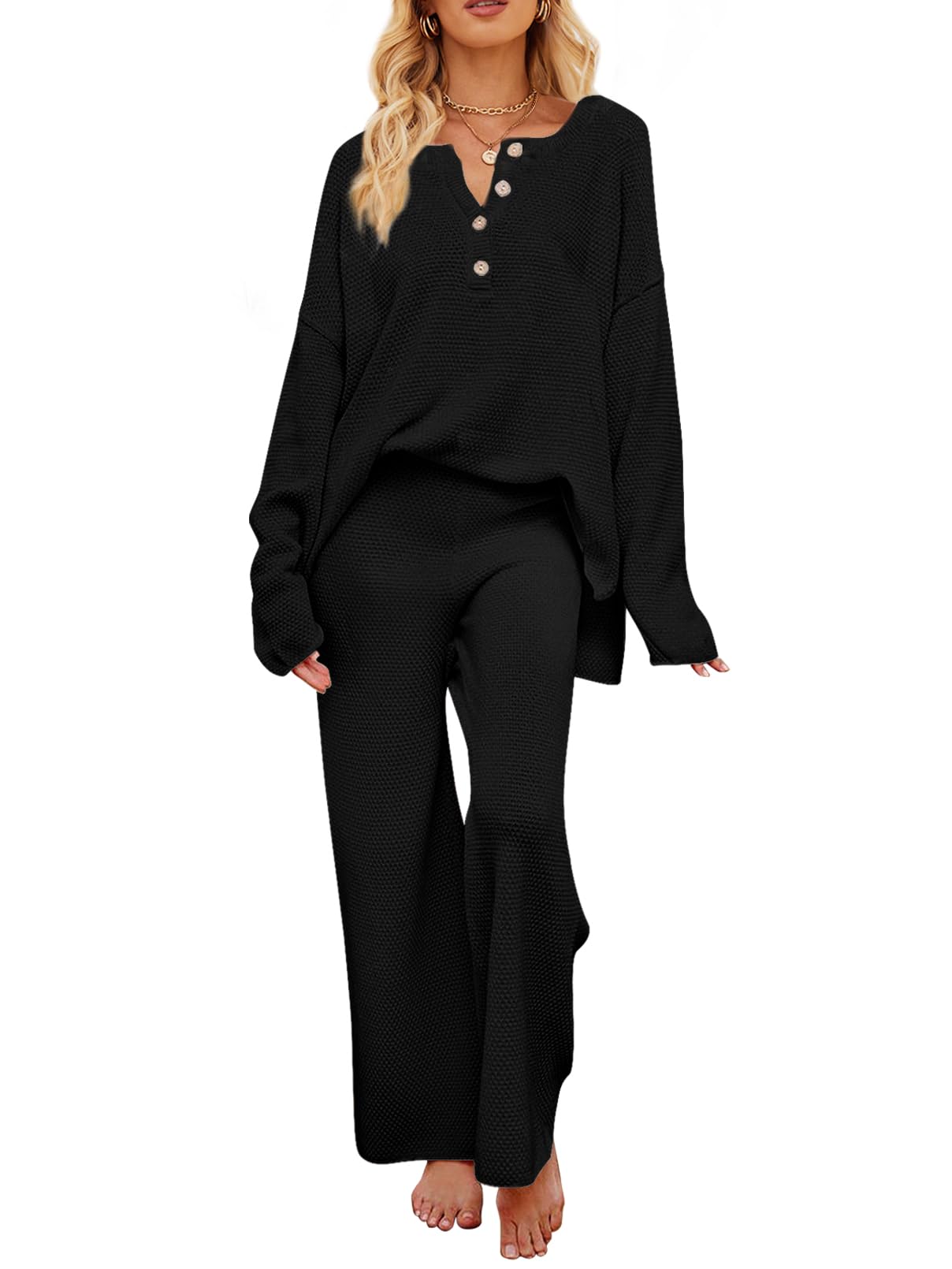 MEROKEETY Women's 2 Piece Outfit Set - Long Sleeve Button Down Knit Pullover Sweater & Lounge Pants Comfy Casual Set | Perfect for Home, Office & Weekend Outings
