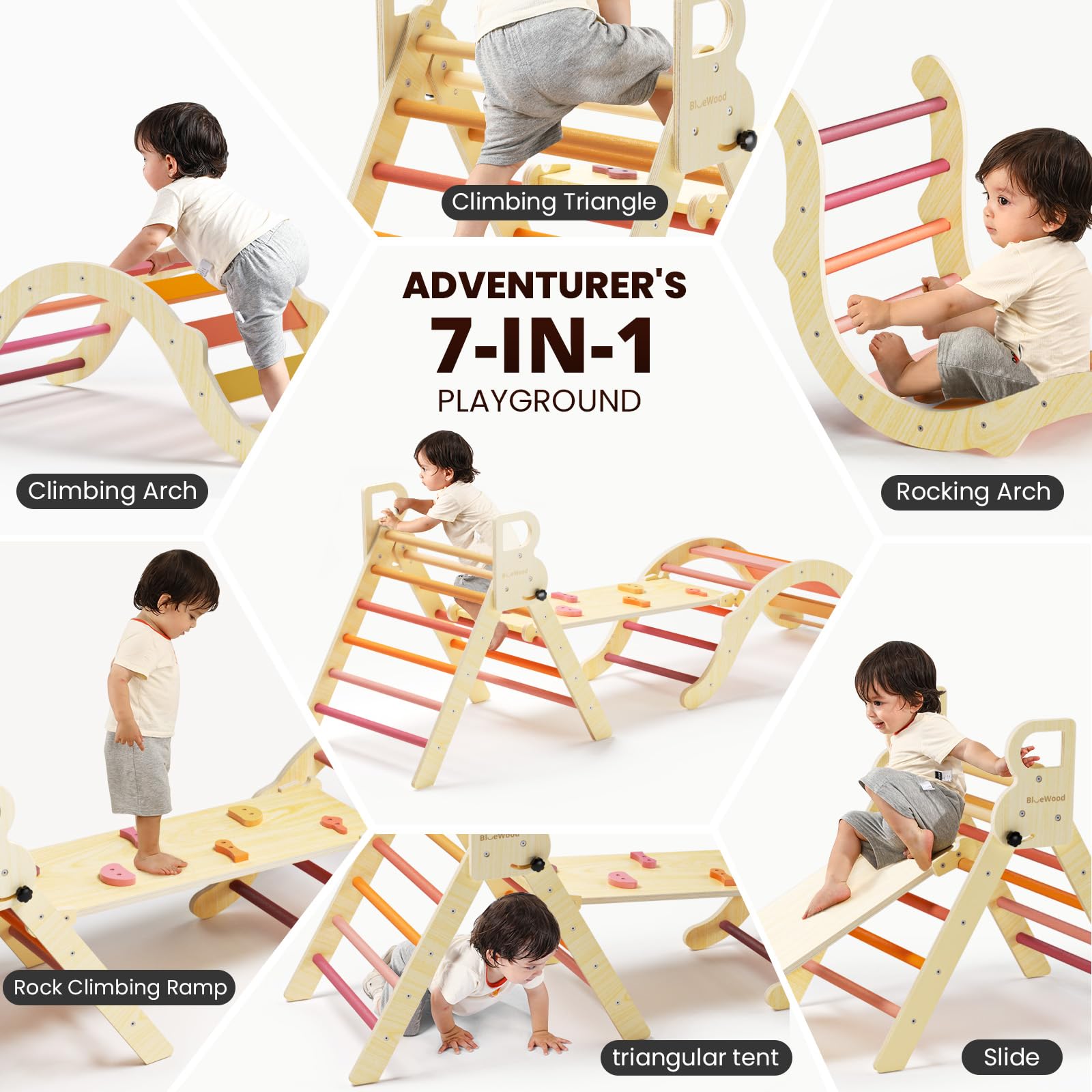 BlueWood Pikler Triangle Set - 7-in-1 Foldable Wooden Climbing Gym for Toddlers | Montessori-Inspired Indoor Play Equipment with Arch, Ramp & Ladder | Perfect for Home Playrooms, Daycares & Montessori Classrooms (Farm Charm Autumn Design)