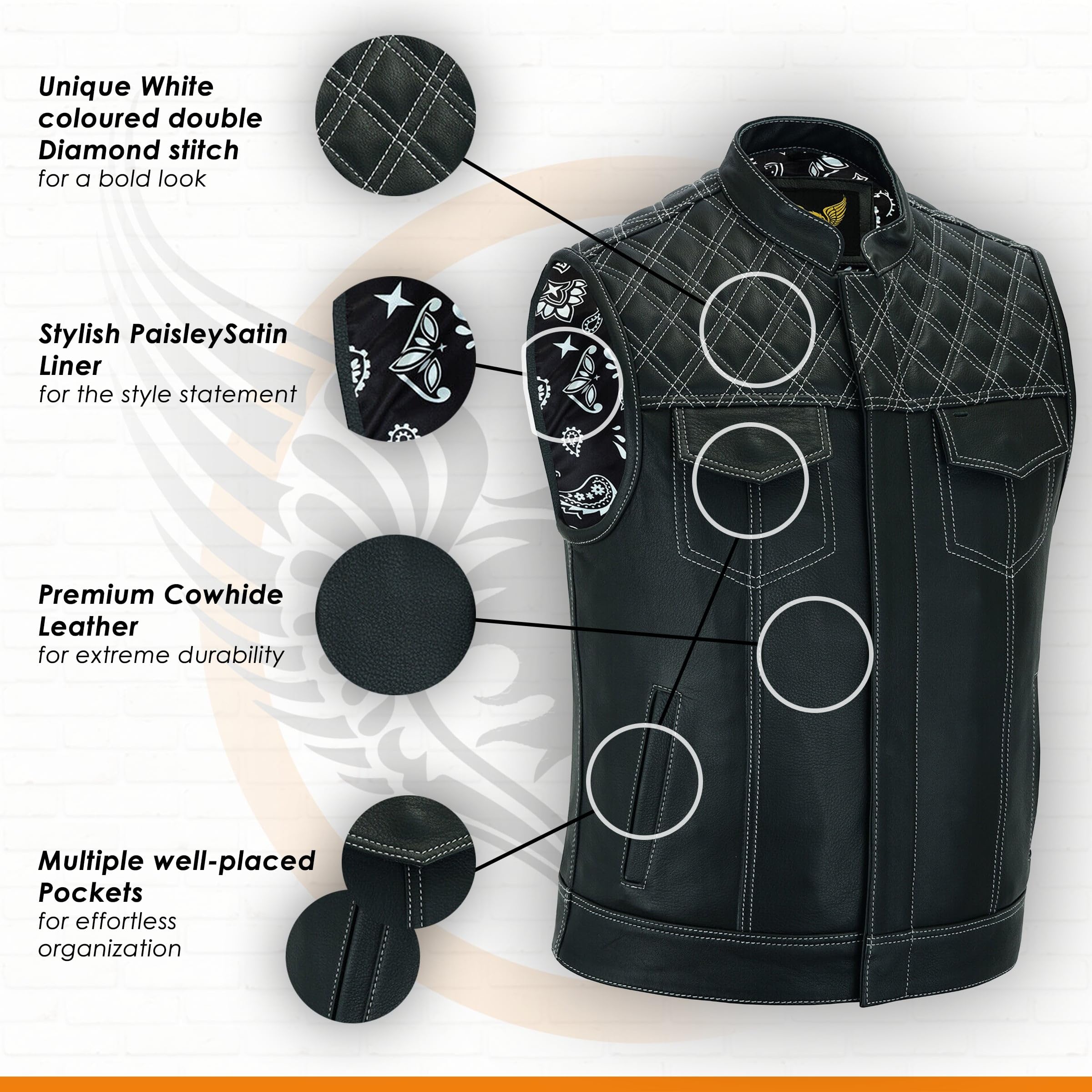 Men's Black Leather Motorcycle Vest with SOA Club & Traditional Paisley Satin Liner - Biker Jacket for Riding, Motorcycle Clubs, and Casual Wear