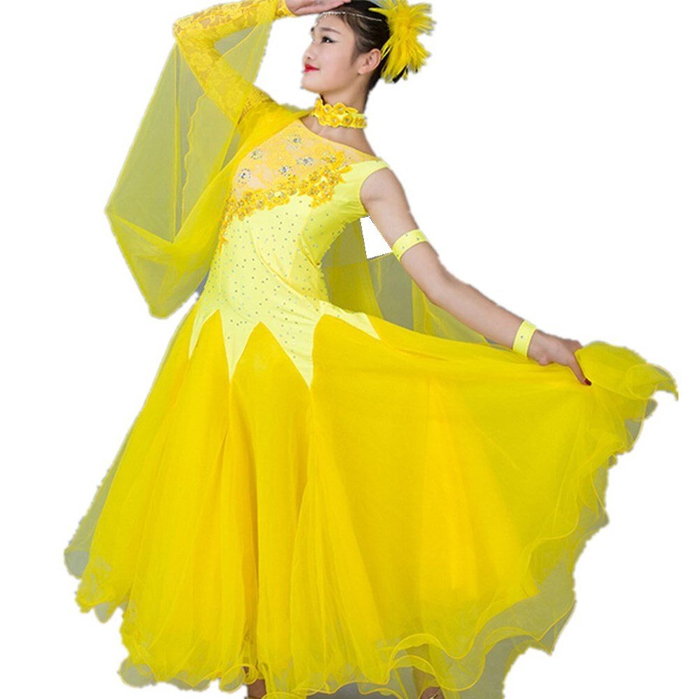 Elegant Women's Modern Waltz Tango Smooth Ballroom Dance Dress - Standard Competition Ball Gown (Yellow, Size M) | Perfect for Professional Dance Competitions, Performances & Social Dancing Events