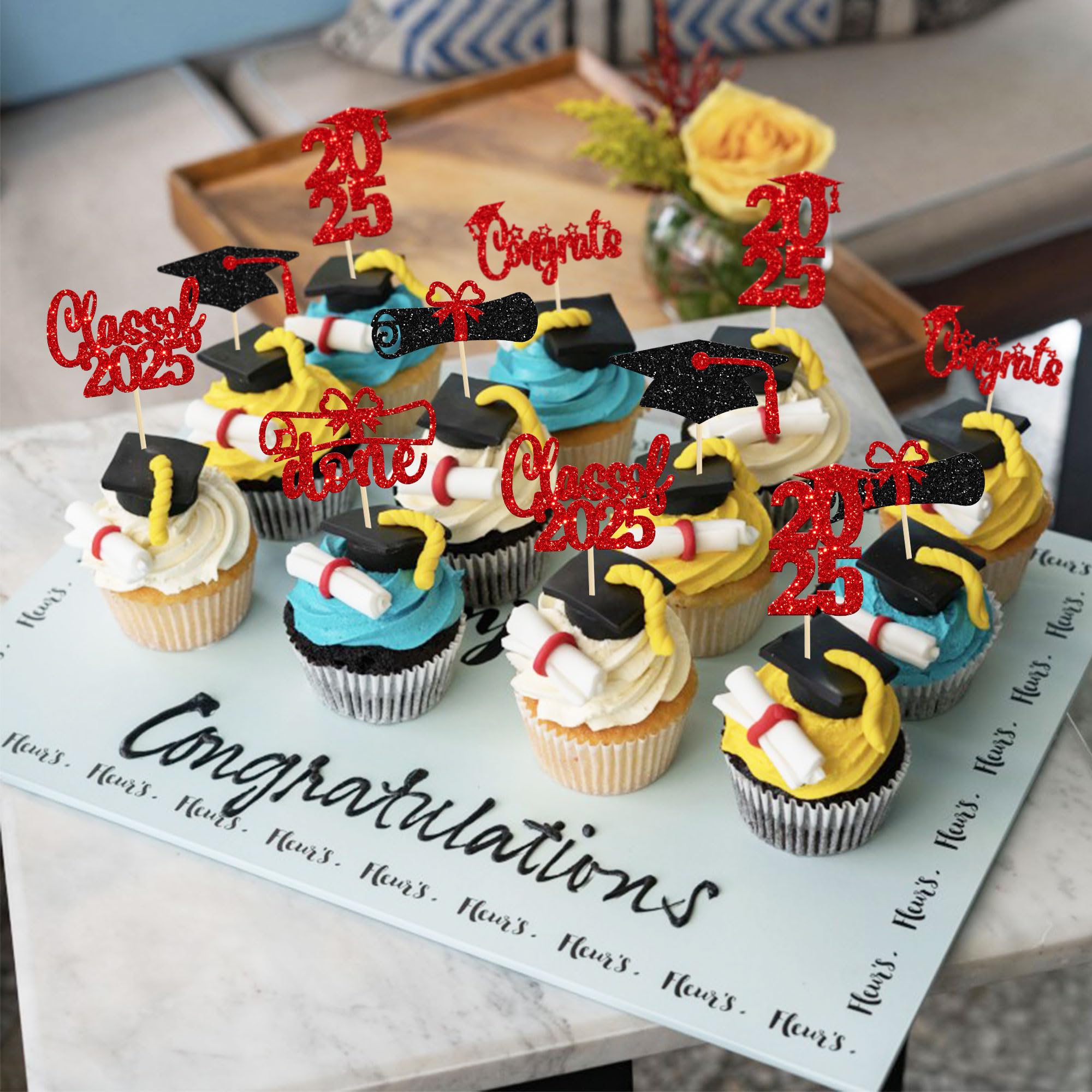 24 PCS 2025 Graduation Cupcake Toppers - Glitter Congrats Grad Cap & Diploma Cake Decorations - Red - Perfect for 2025 Graduation Party, School Celebration & Cake Decorating Supplies