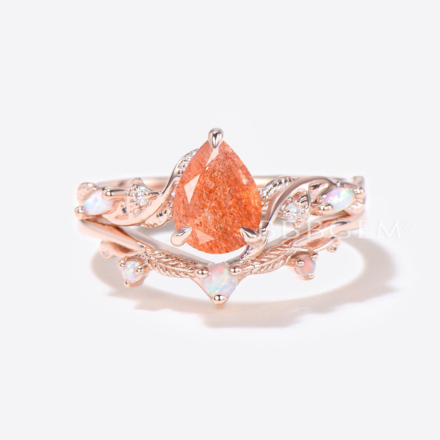 Twig Vine Pear Shaped Sunstone Engagement Ring Leaf Opal Bridal Set - Elegant Nature-Inspired Wedding Jewelry for Brides & Engagement Proposals