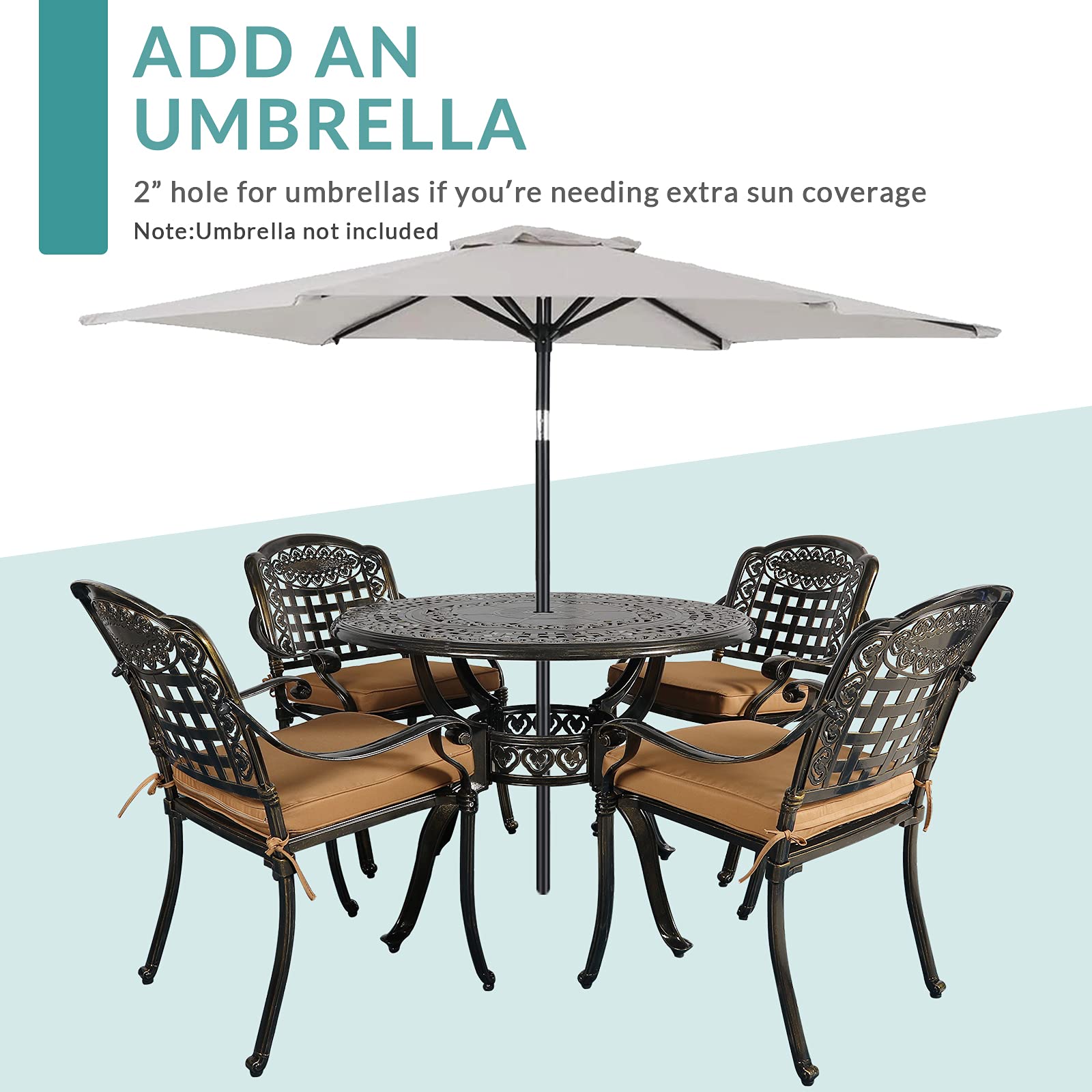 MEETWARM 5-Piece Outdoor Dining Set - All-Weather Cast Aluminum Patio Furniture with 4 Chairs, Cushions & Round Table (Umbrella Hole Included) - Perfect for Backyard, Garden, Deck, Poolside & Outdoor Entertaining