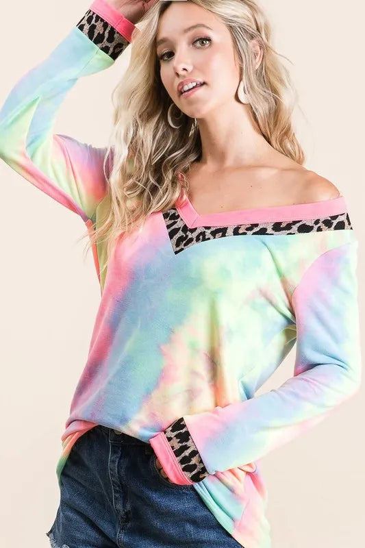 BiBi Tie Dye Terry V Neck Top - Soft Cotton Women's T-Shirt for Casual Wear, Summer Outfits & Beach Vacations