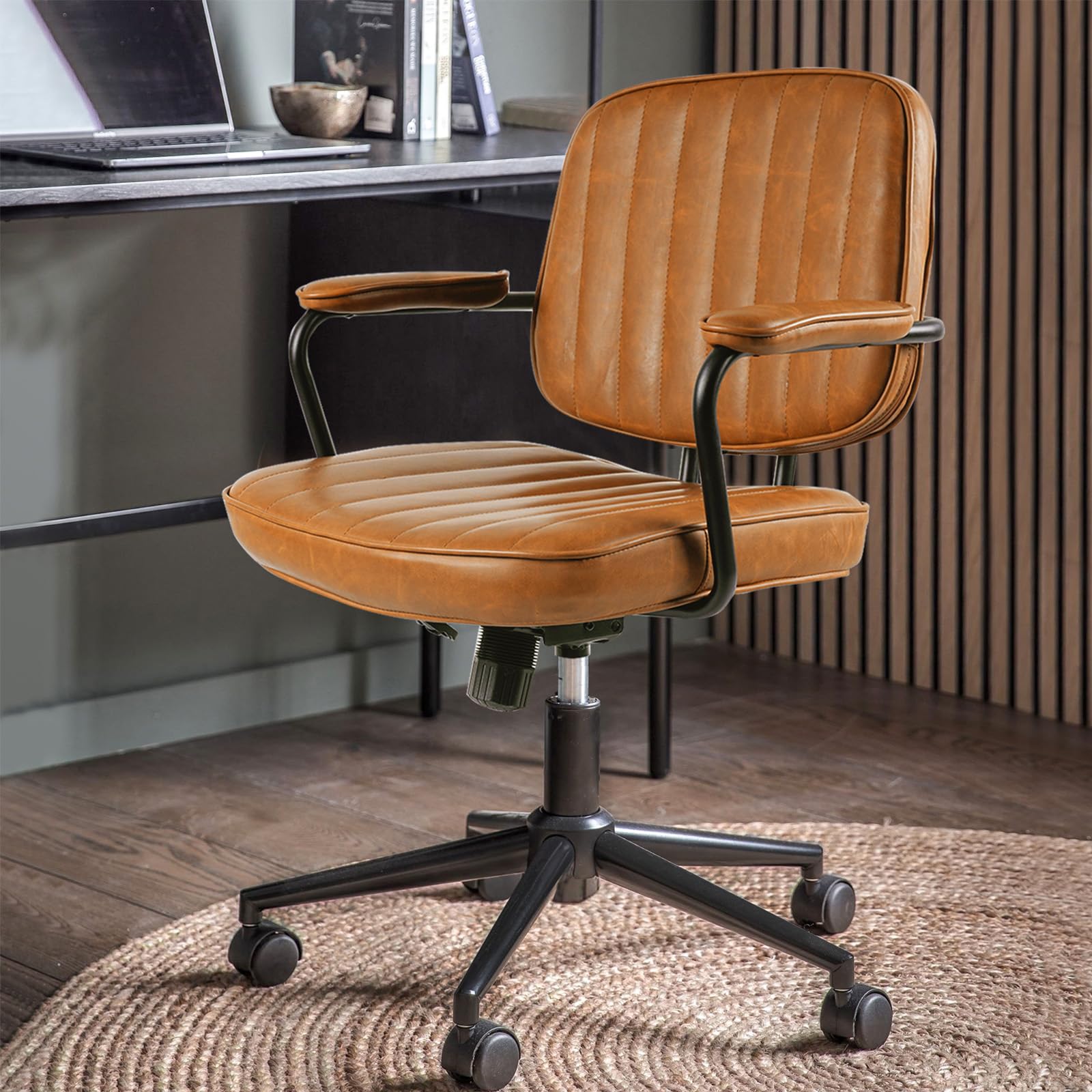 Artswish Mid Century Modern Leather Office Chair - Brown Ergonomic Desk Chair with Wheels & Armrests for Home Office, Study & Workspace