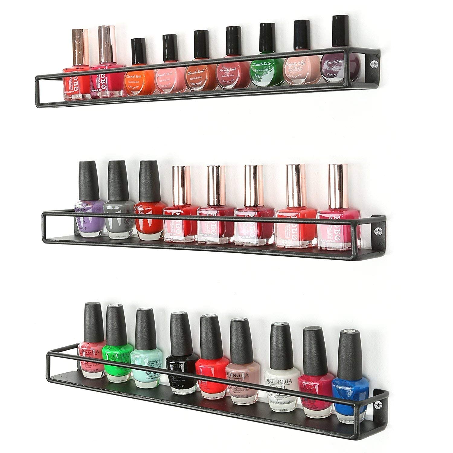 Black Metal Matte Wall Shelves for Nail Polish & Oils - Set of 3 | Bathroom & Vanity Organizer