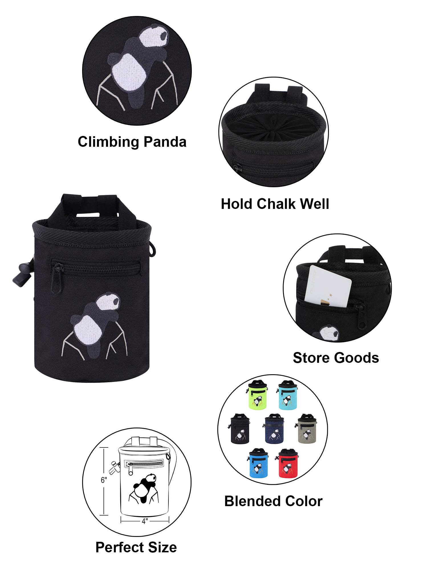 AMC Rock Climbing Chalk Bag with Adjustable Belt - Panda Design for Bouldering & Gym Training - Perfect for Indoor/Outdoor Climbing