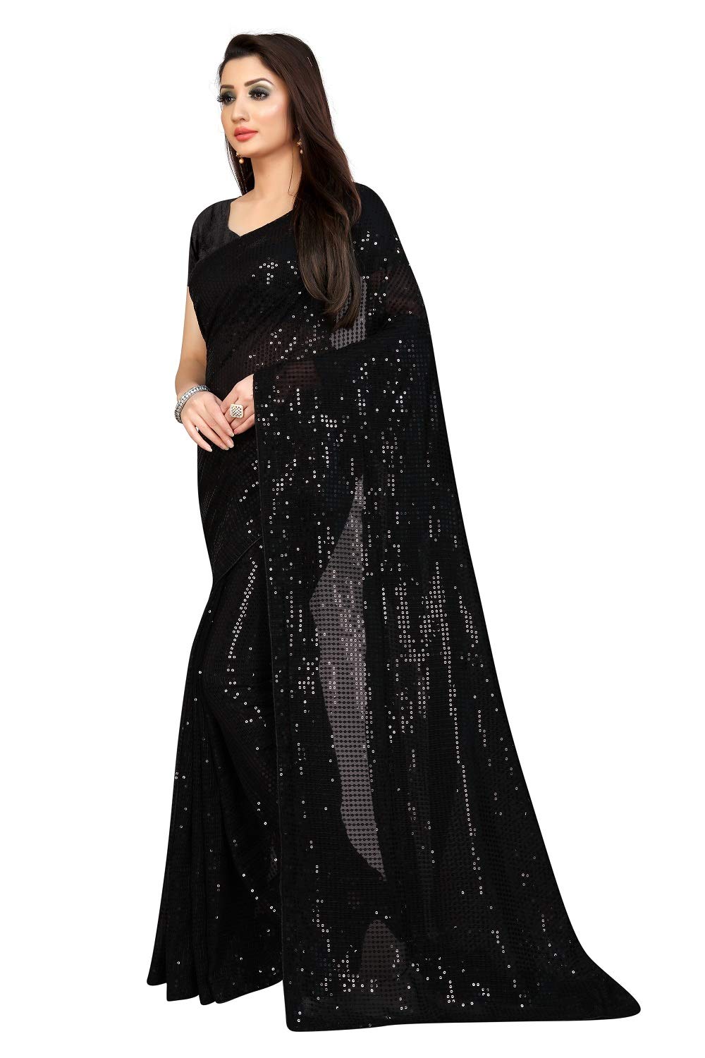 Kfgroup Women's Woven Pure Georgette Saree - Elegant Ethnic Dress & Wedding Sari with Blouse Piece (Black) | Perfect for Indian Weddings, Festivals & Special Occasions