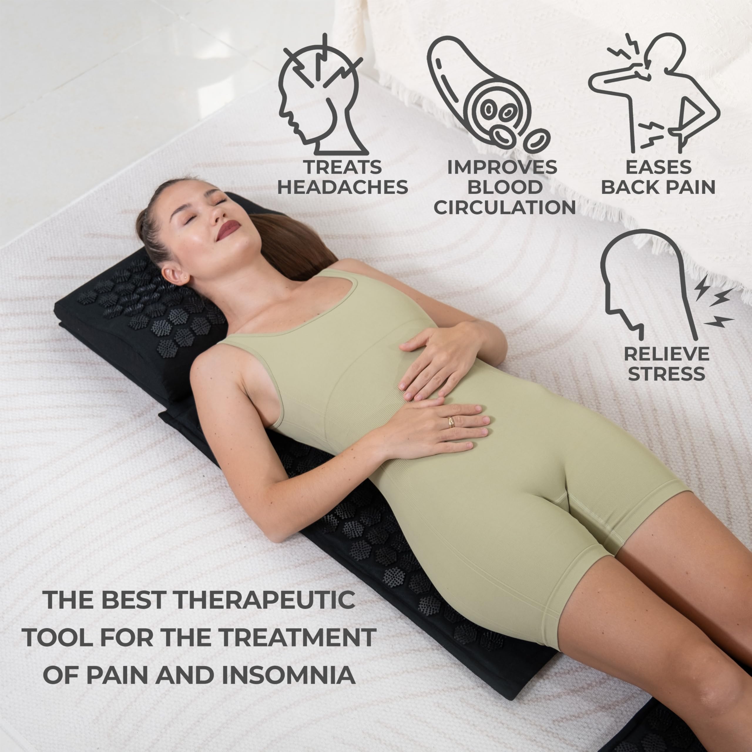 Acupressure Mat and Pillow Set for Back & Neck Pain Relief - Natural Stress Reduction & Better Sleep Kit with Carry Bag (Deep Black) - Perfect for Home, Office, and Travel Use