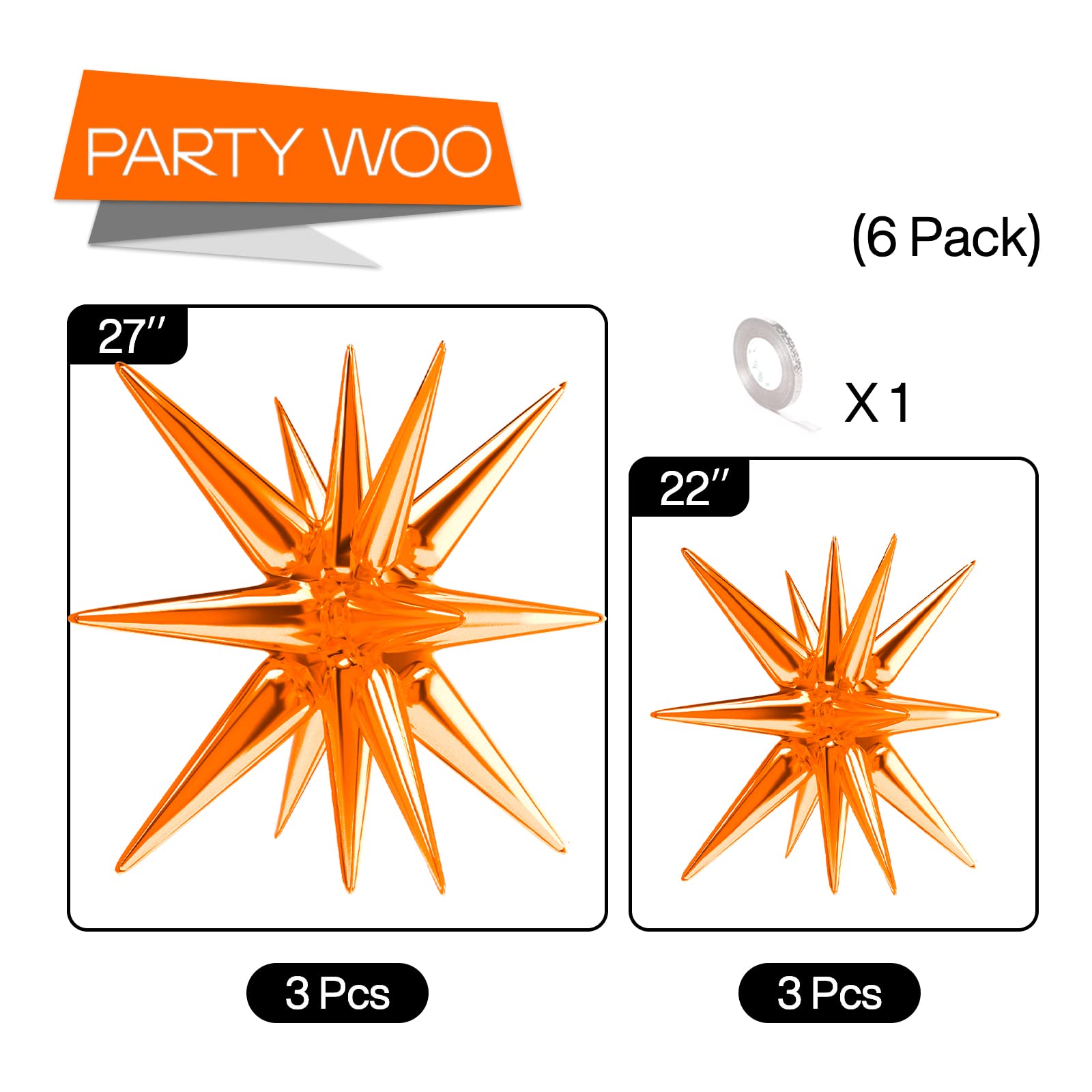 PartyWoo Orange Star Balloons 6 Pack - 14-Pointed Starburst Foil Balloons (22 & 27 Inch) with Ribbon - Large Mylar Star Balloons for Birthday Parties, Baby Showers, Graduation Decorations & Special Events