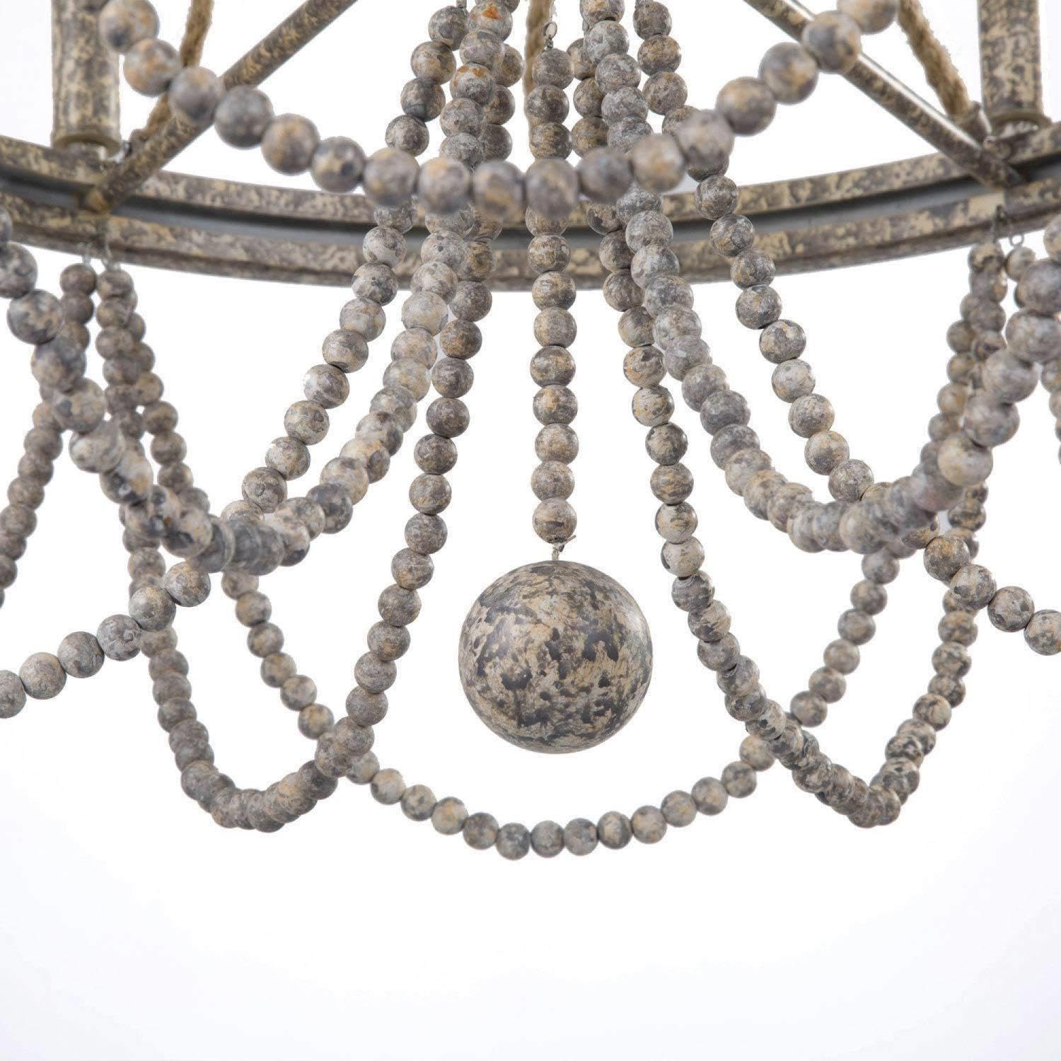 Rustic Wood Beaded 6-Light Boho Chandelier with Hemp Ropes - Farmhouse Style Distressed Granite Finish Lighting Fixture for Dining Room, Bedroom, Living Room & Entryway | Perfect for Boho, Farmhouse & Rustic Home Decor