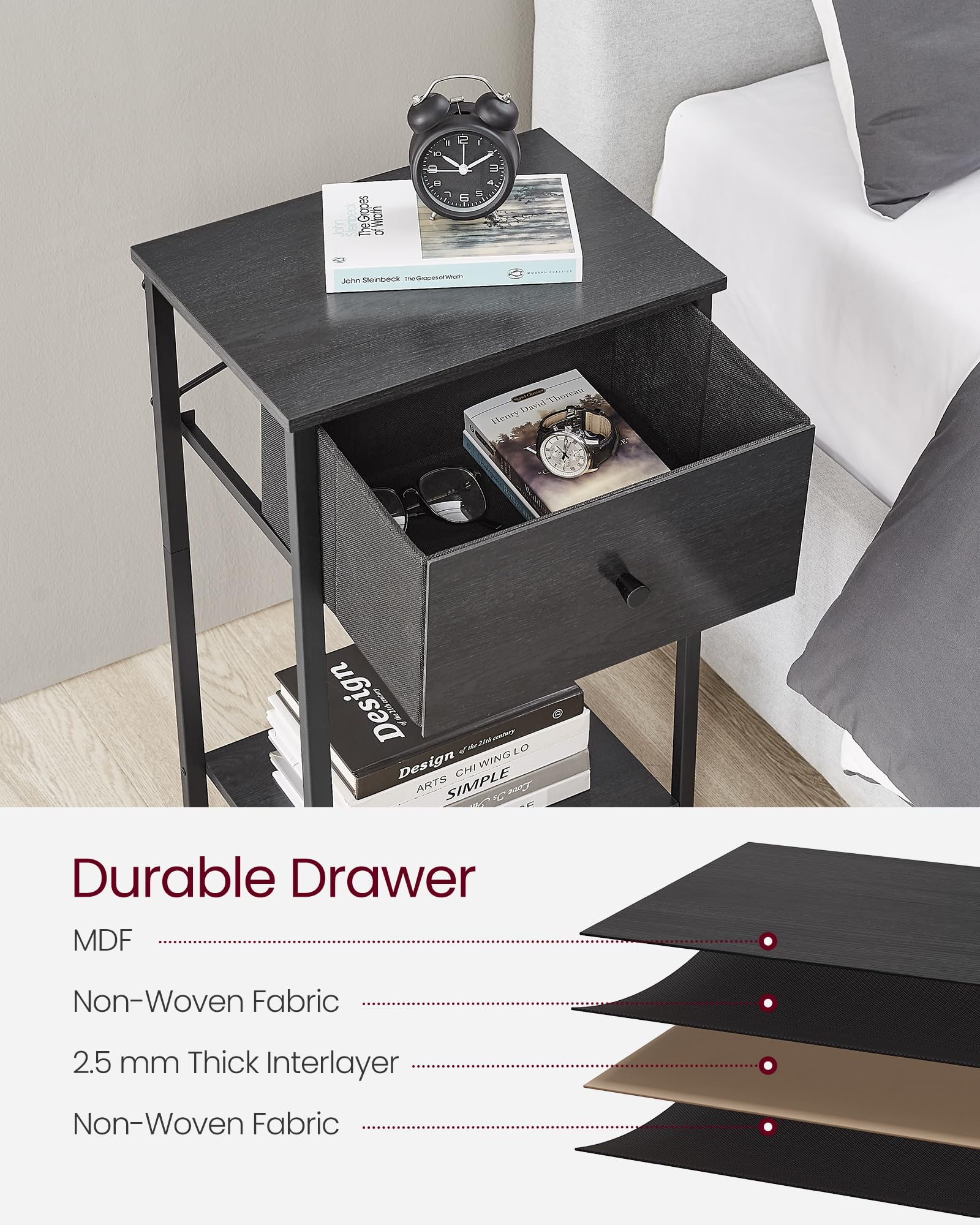 VASAGLE 2-Piece Nightstand Set with Fabric Drawer and Storage Shelf, 24-Inch Tall End Table for Bedroom - Black ULGS221B21 | Perfect for Small Spaces, Guest Rooms & Apartment Living