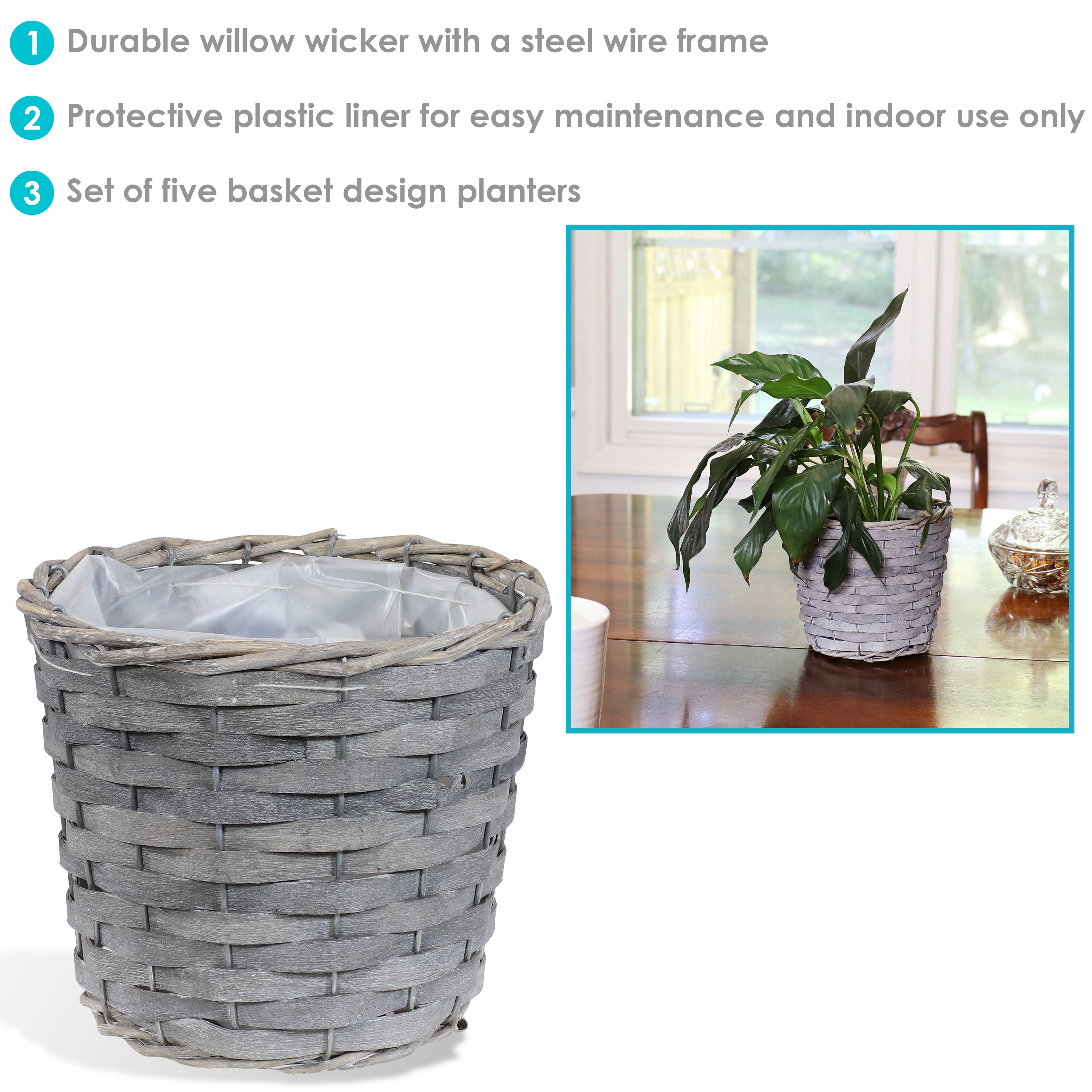 Sunnydaze 5-Pack Indoor Poplar Wicker Planters with Plastic Liners - Perfect for Home Decor, Living Room, Office & Indoor Plants