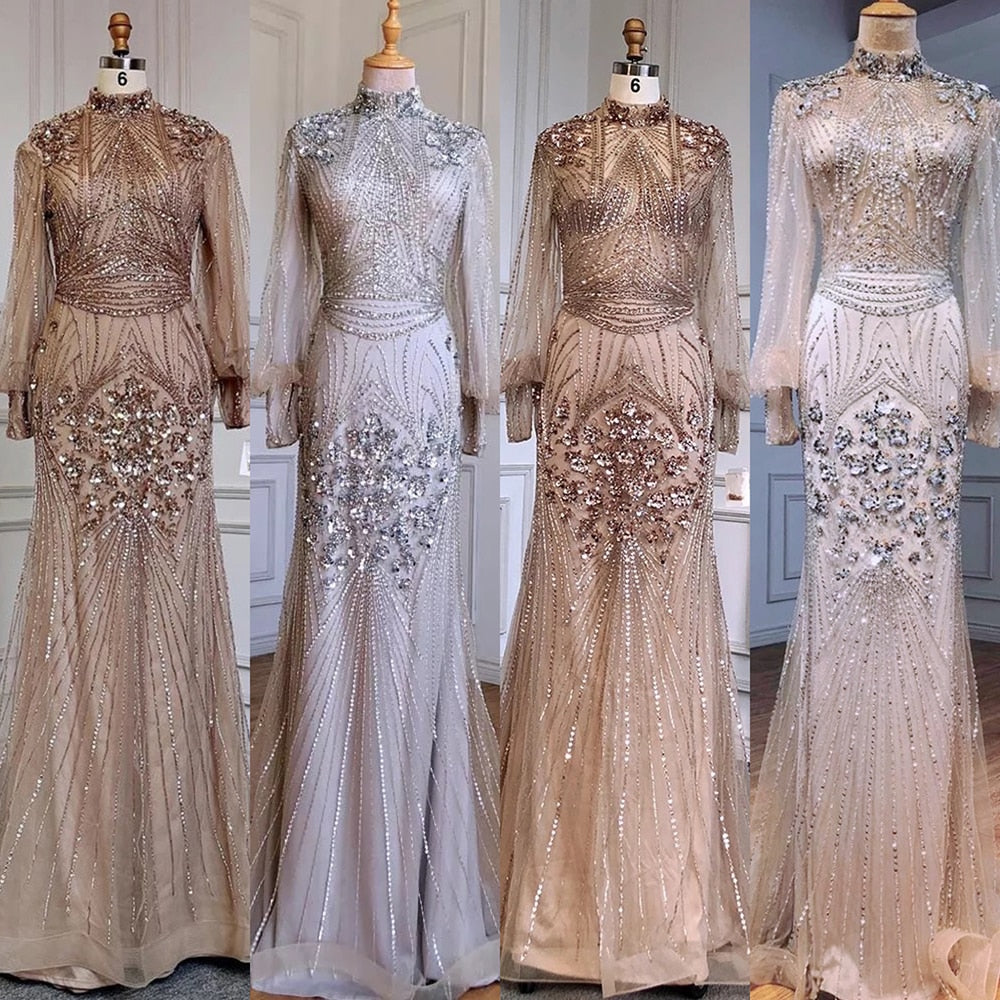 Elegant Silver Mermaid Evening Gown with Beaded Details and Full Sleeves - LA71036 | Perfect for Prom, Gala, and Formal Events