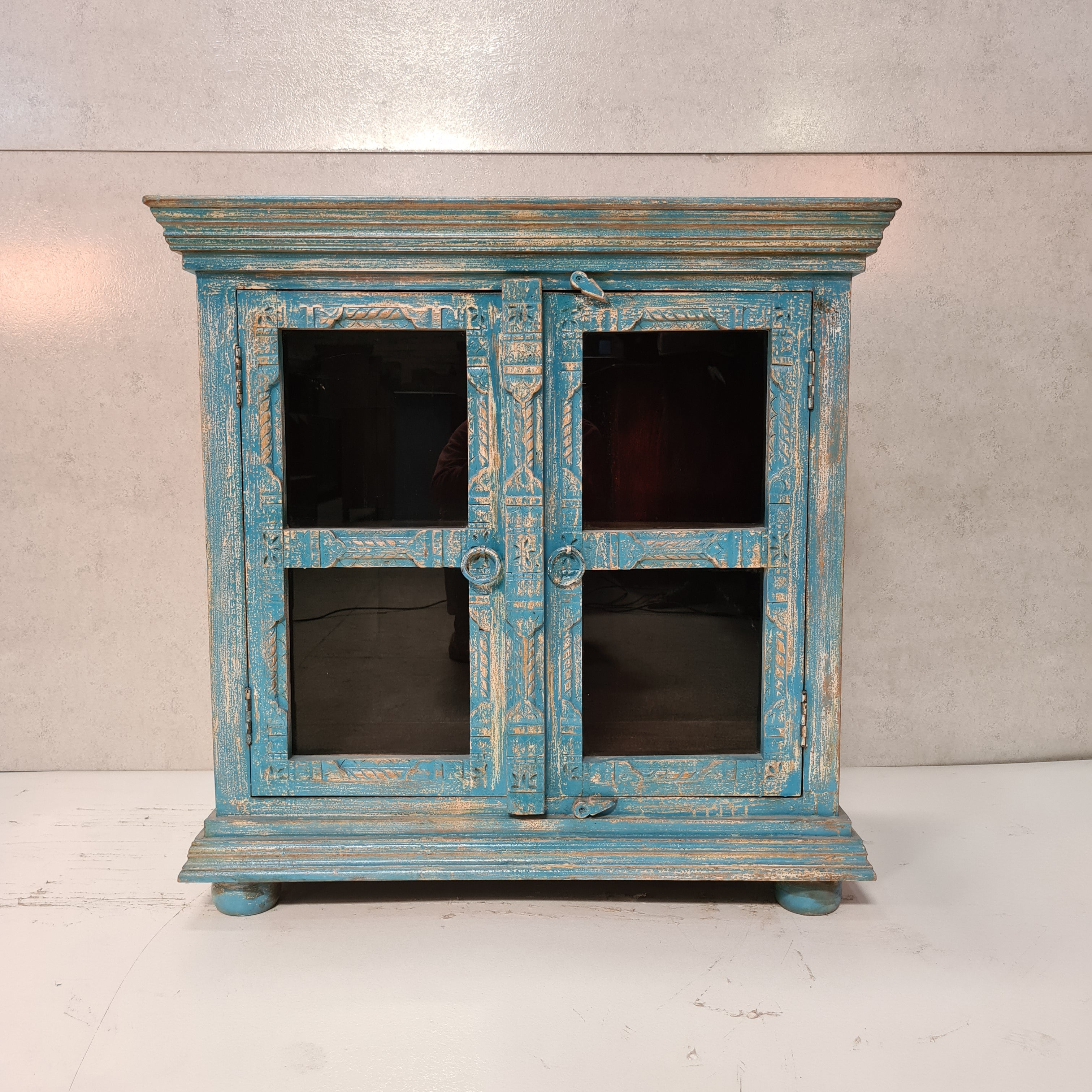 Handcrafted Indian Solid Hardwood Carved Cabinet with 2 Doors - Blue, 96x45x97cm - Perfect for Living Room, Bedroom & Home Office Storage