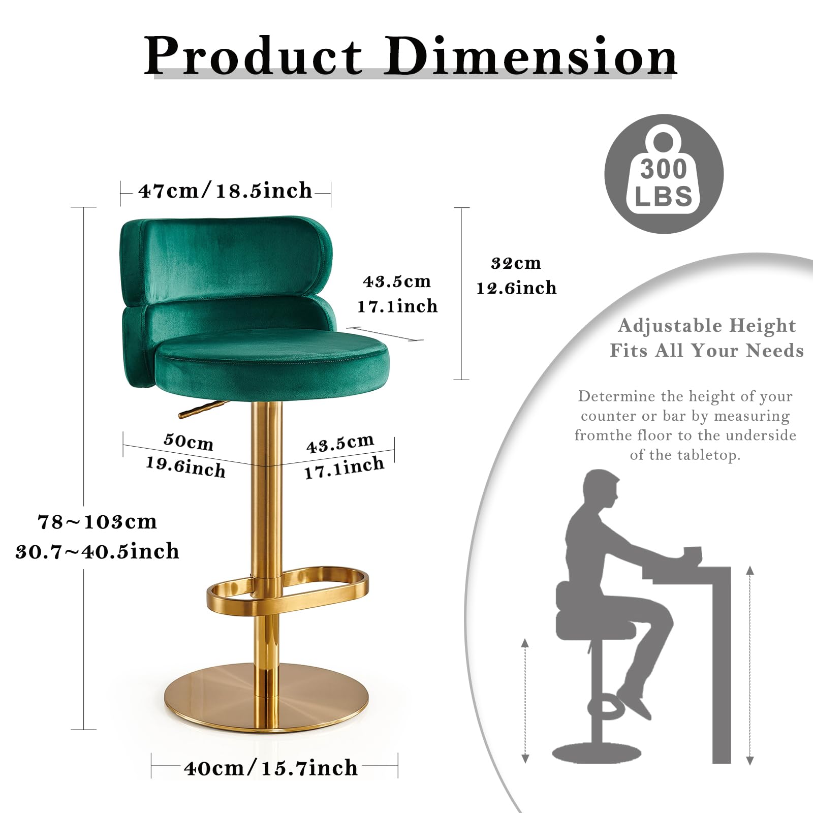 Modern Adjustable Height Swivel Bar Stools with Back - Gold Legs Counter Height Barstools for Kitchen Island, Living Room, Coffee Shop - Set of 1 (Green) - Perfect for Entertaining, Dining & Home Decor