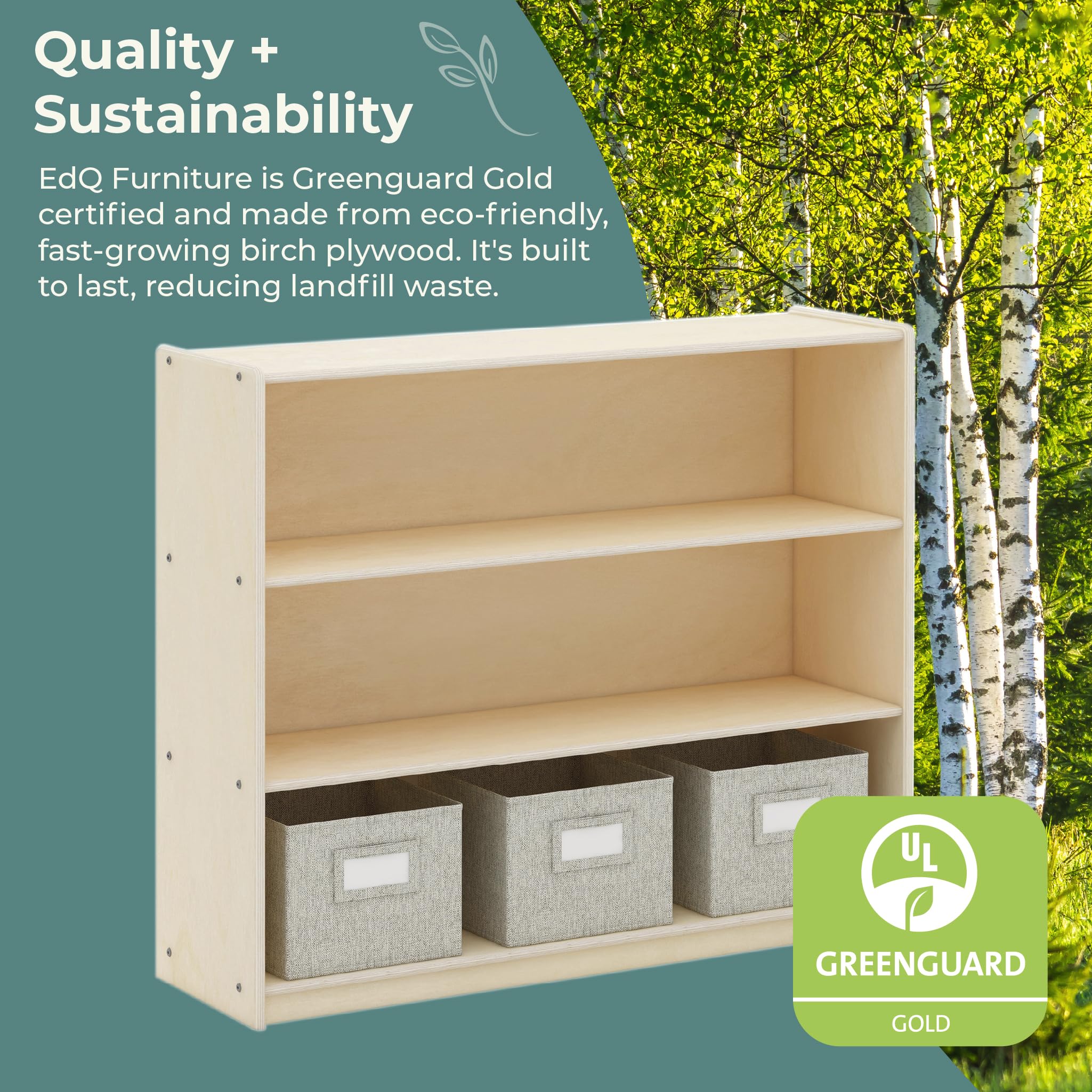 Guidecraft EdQ Three Shelf Open Storage Unit with 3 Fabric Bins - Natural Wood Kids Bookcase & Toy Organizer for Homeschool, Classroom, Playroom & Bedroom Storage Solutions