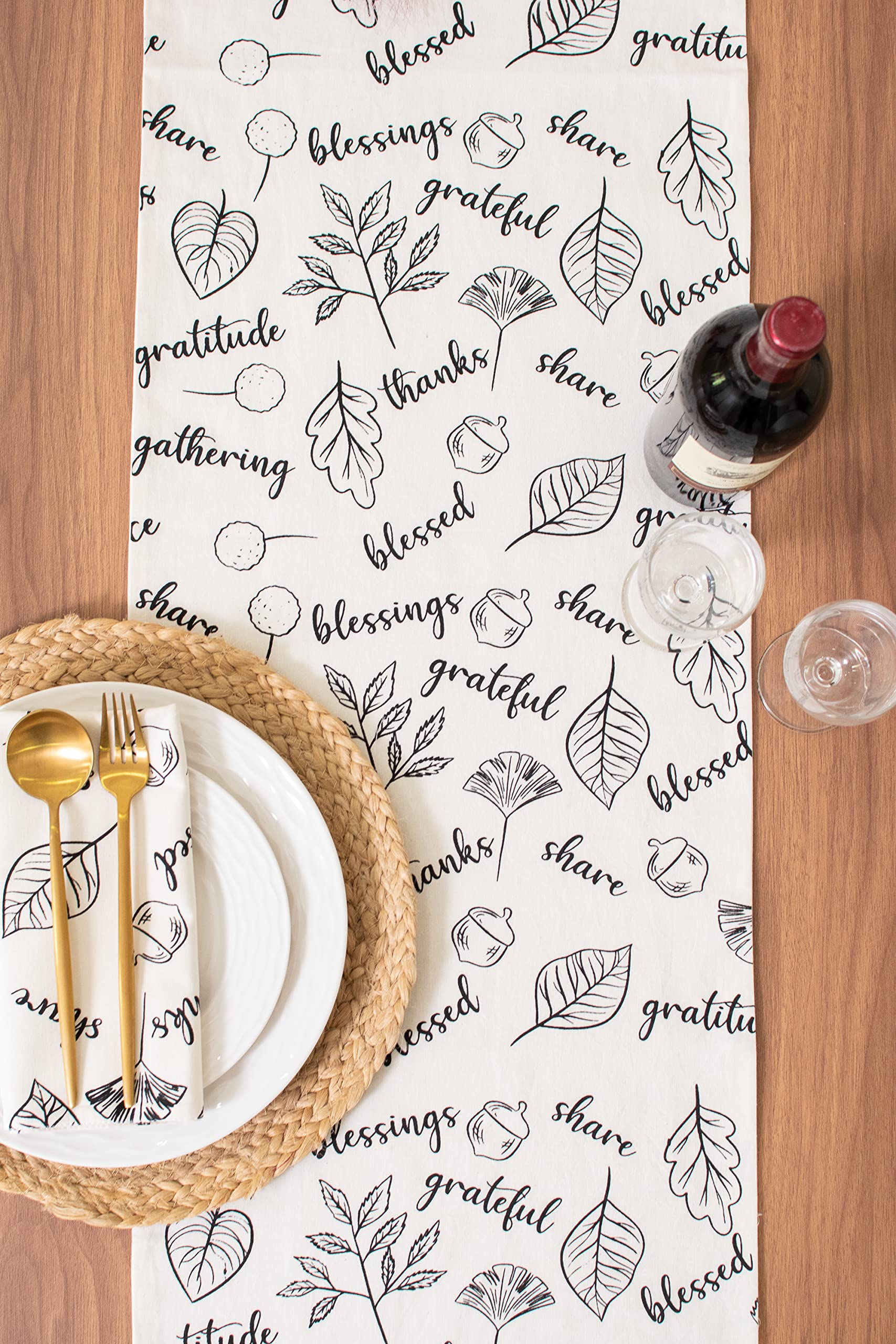 Thanksgiving Table Runner - 14x36 Inch Off-White & Black Dresser Scarf for Dining Table, Kitchen, Buffet - Holiday Decor for Thanksgiving, Christmas, Wedding Party & Home Decor