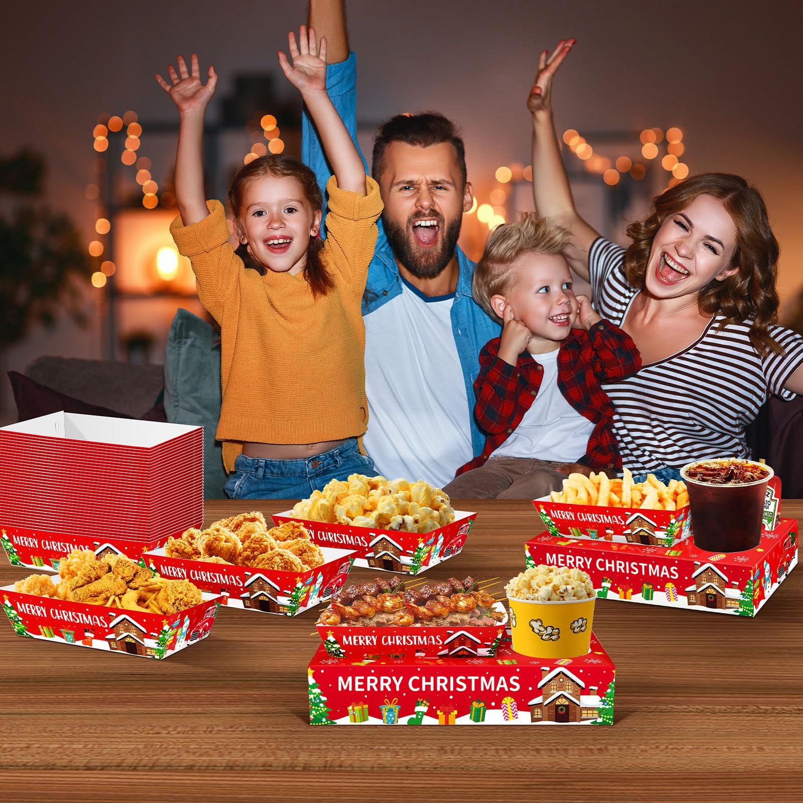 Jansun 36Pcs Christmas Movie Night Snack Trays - Candy Popcorn French Fries Serving Plates for Holiday Parties, Xmas Gatherings & Family Movie Nights
