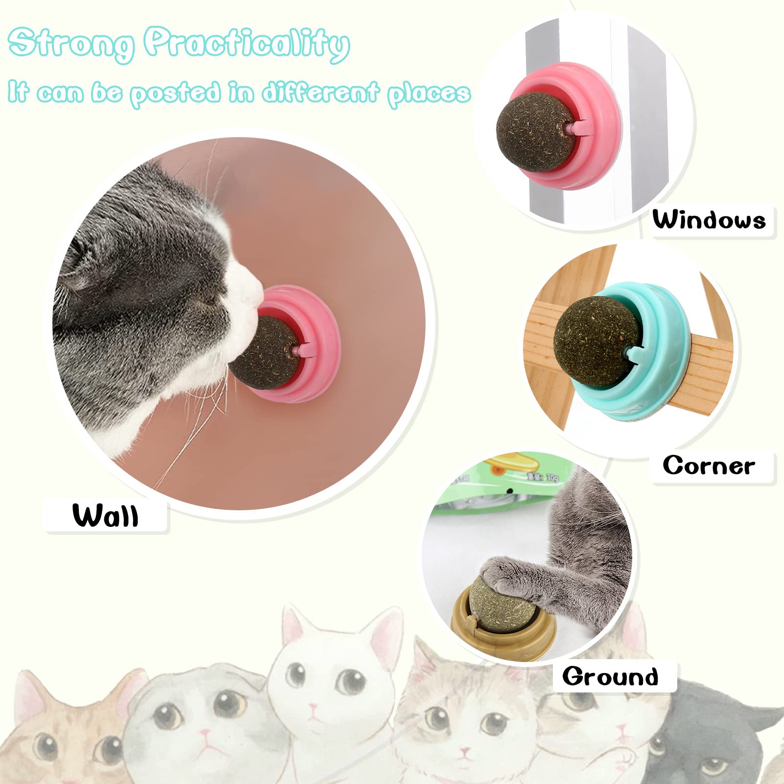 Dacitiery 4PCS Catnip Balls Toy for Cats - Rotatable Edible Interactive Cat Toy with Self-Adhesive Catnip Teeth Cleaning Licking Balls for Kittens | Fun Indoor Play, Stress Relief & Dental Care for Adult Cats & Kittens