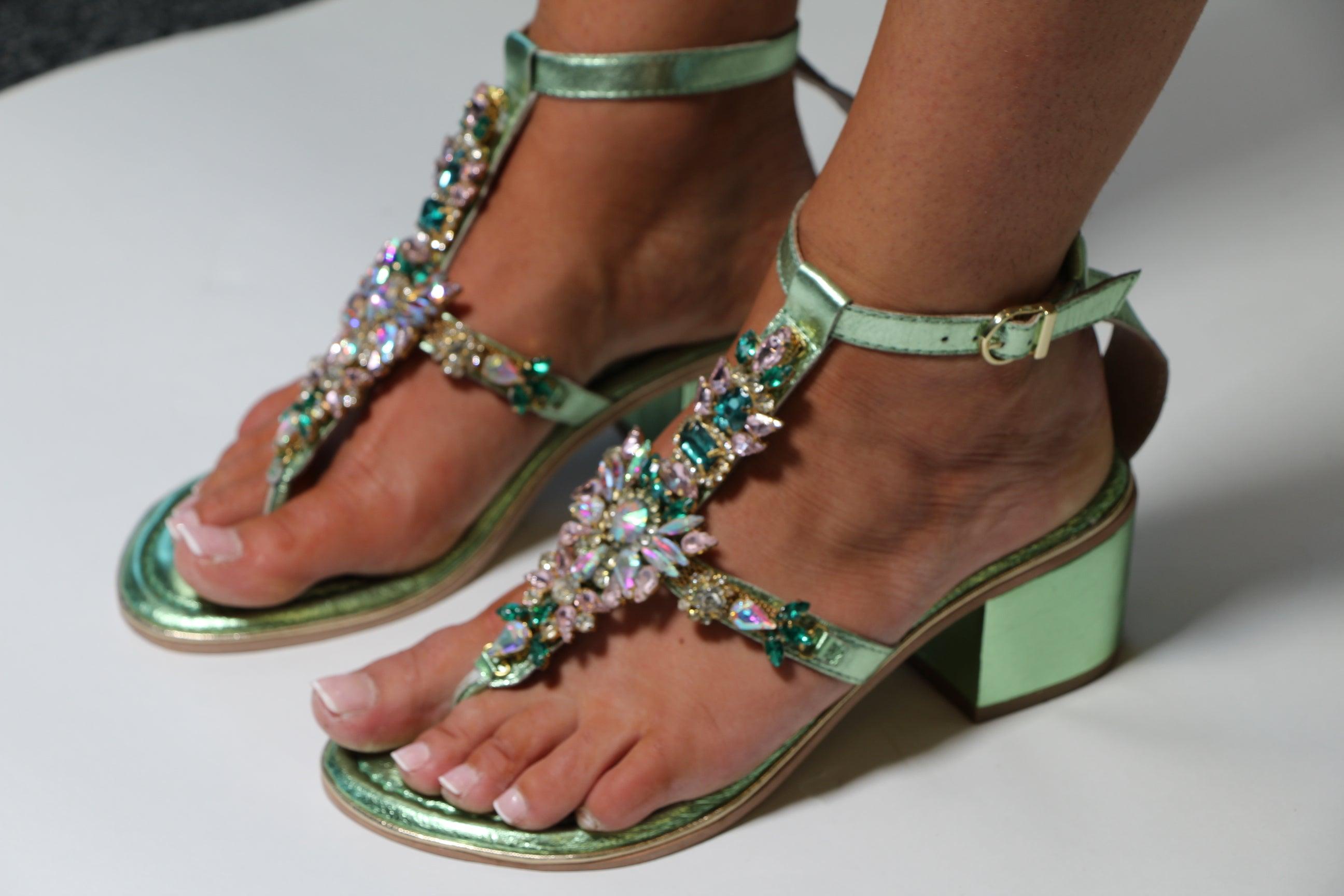 BOTTEGA Women's Mint Green Metallic Embellished Block Heel Sandals - Elegant Party & Wedding Shoes for Summer Events