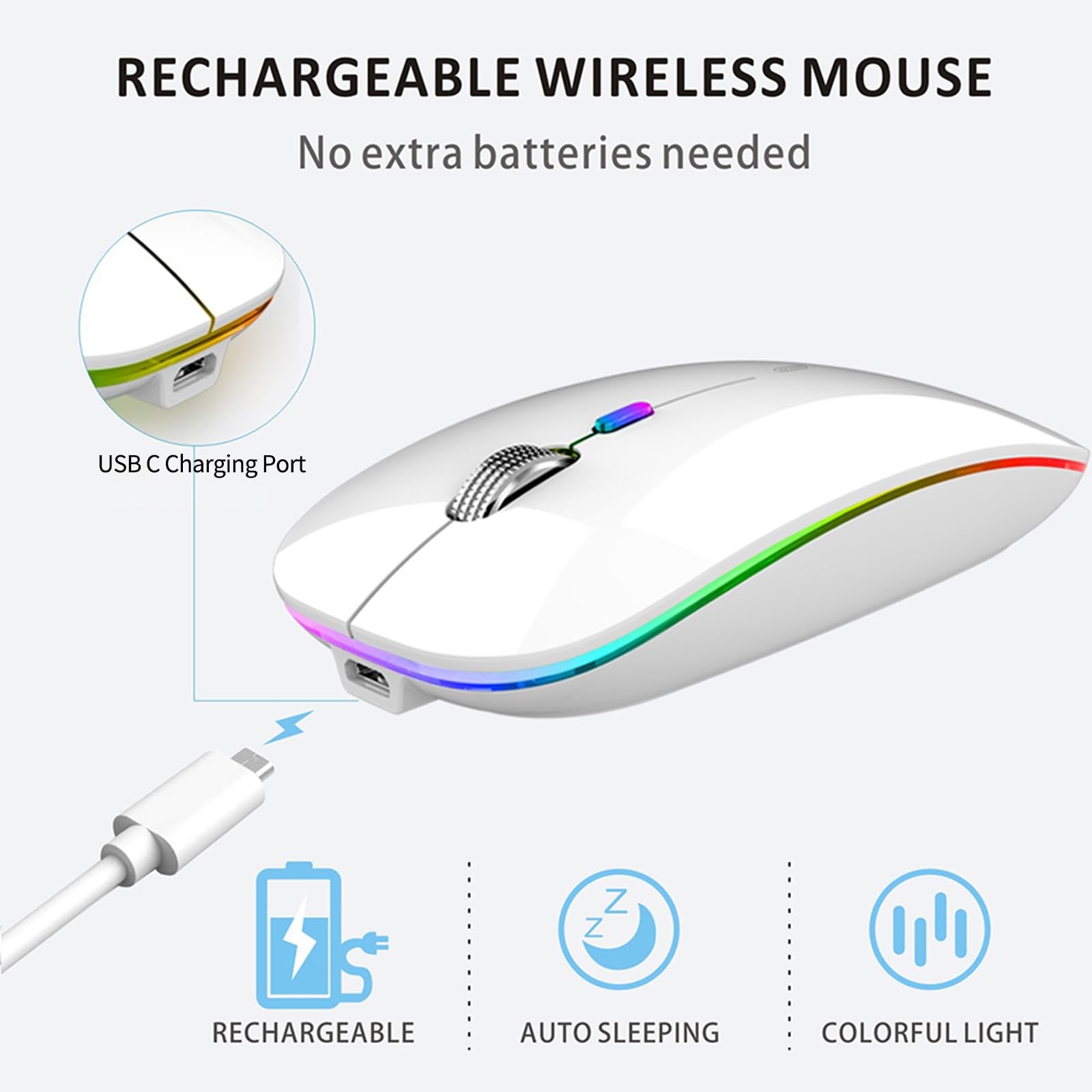 Uiosmuph G12 Slim Wireless LED Mouse - Rechargeable Silent Optical Mouse with 2.4G USB Receiver & Type-C Adapter - Perfect for Office, Home & Travel (White)