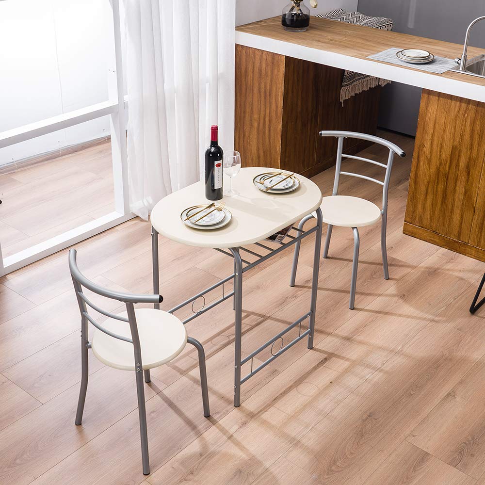3 Piece Dining Set - Compact 2 Chairs and Table with Metal Frame & Shelf Storage | Modern Breakfast Nook, Rustic Bistro, Pub Table | Perfect for Small Spaces, Apartments, Restaurants & Kitchenettes (Natural Finish)