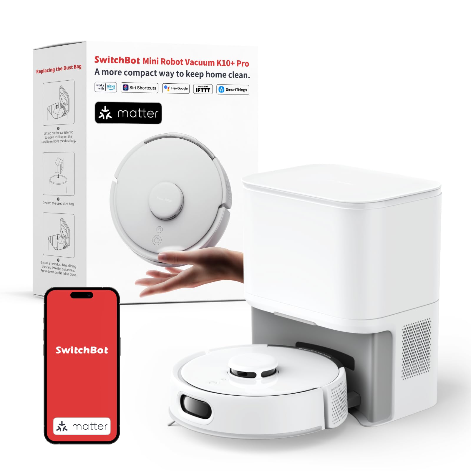 SwitchBot K10+ Pro Self-Emptying Robot Vacuum - 90 Days Hands-Free, Ultra Quiet Mini Vacuum with Strong Suction & Anti-Hair Tangle - Alexa/Siri/Matter Compatible (Hub 2 Required) - 2.4GHz WiFi - Perfect for Pet Hair, Hard Floors & Small Apartments
