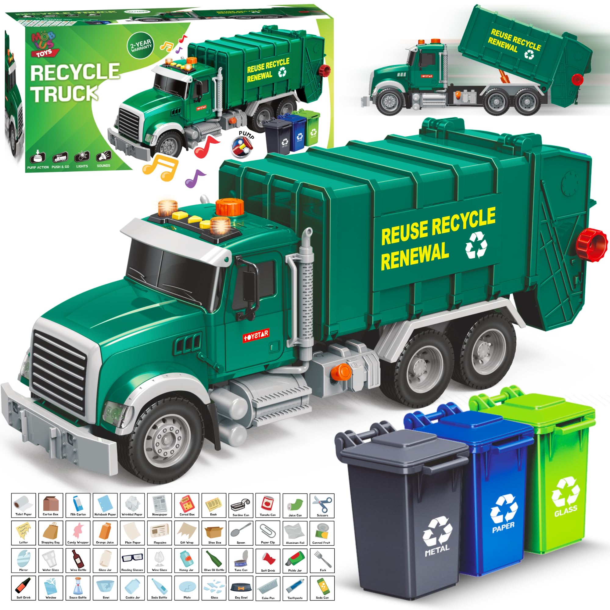 MOBIUS Garbage Truck Toy for Kids – Interactive Recycling Vehicle with 3 Garbage Cans & 48 Educational Flash Cards – Push & Go, Lights & Sounds – Moving Parts Trash Truck for Boys & Girls Ages 3-8 – Perfect for Pretend Play, Learning & Eco-Friendly Role Play