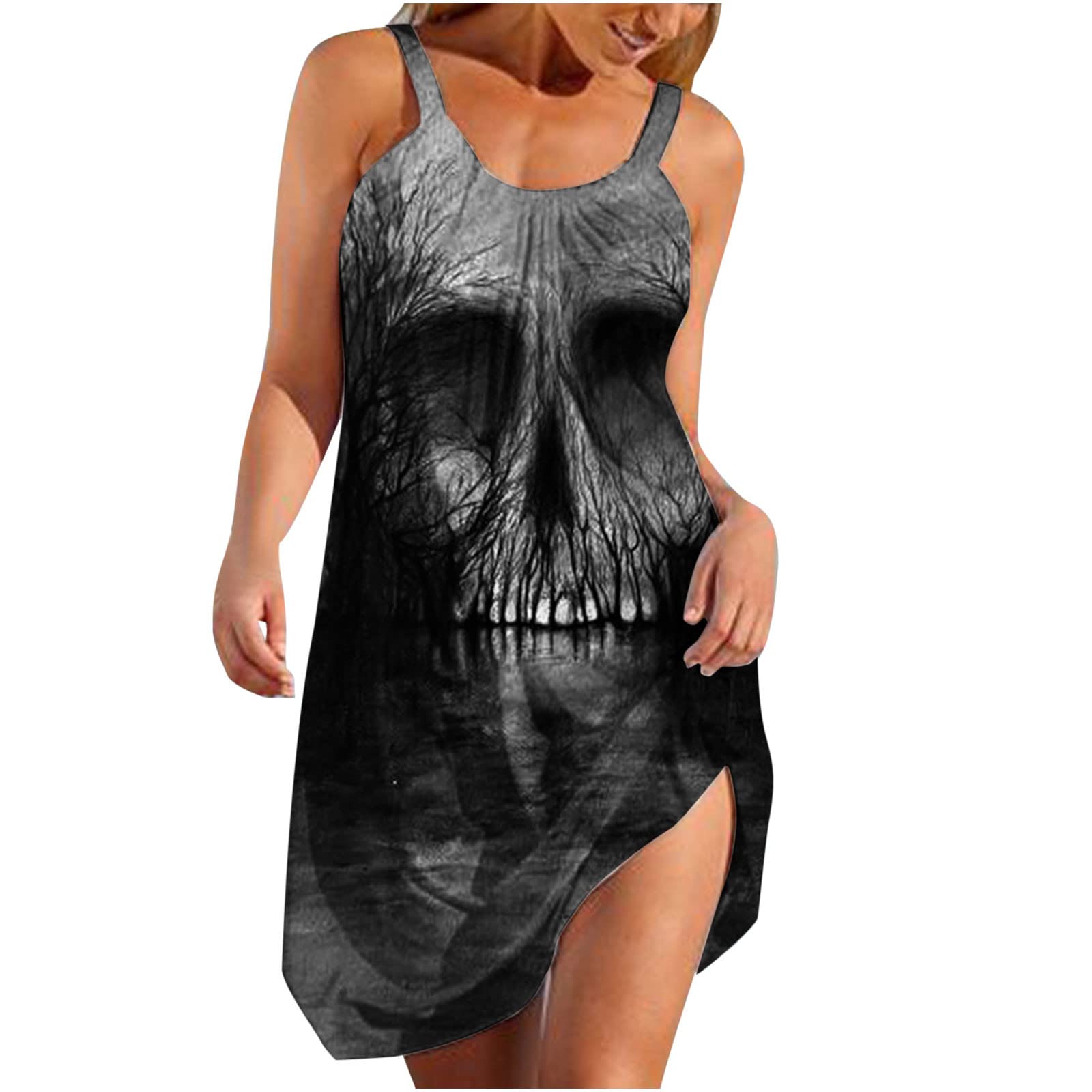 Women's Halloween Halter Mini Dress - Sleeveless Floral Graphic Sundress for Casual Wear & Beach Cover Up | Perfect for Parties, Costumes & Summer Outfits