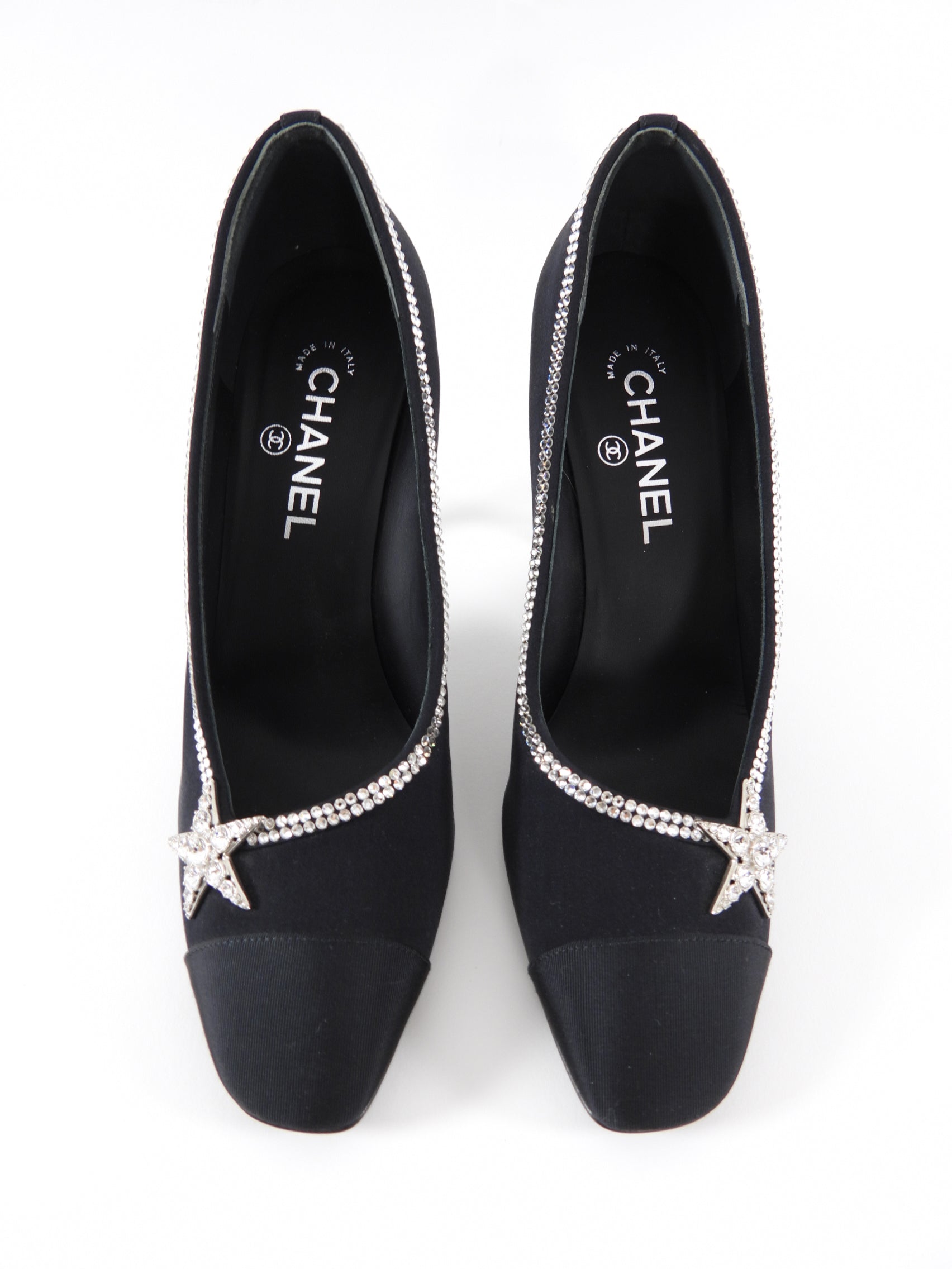 Chanel Black Fabric Pumps with Crystal Star Strass Trim - Women's Luxury High Heels Size 40C for Evening Parties & Special Occasions