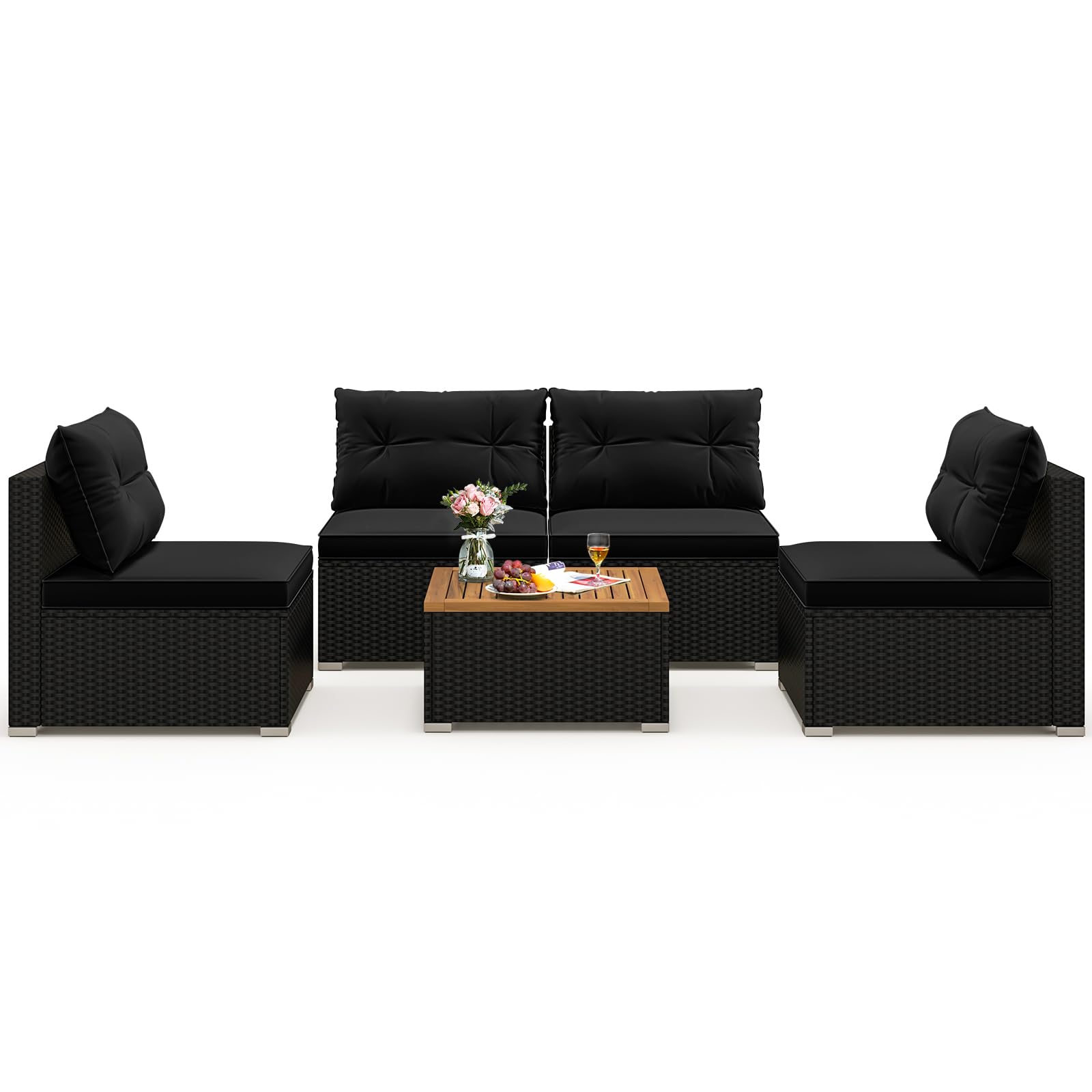 Tangkula 5-Piece Outdoor Rattan Sofa Set with Cushions & Square Coffee Table - Patio Furniture for Backyard, Poolside, Garden (Black) | Perfect for Relaxing, Entertaining & Outdoor Gatherings
