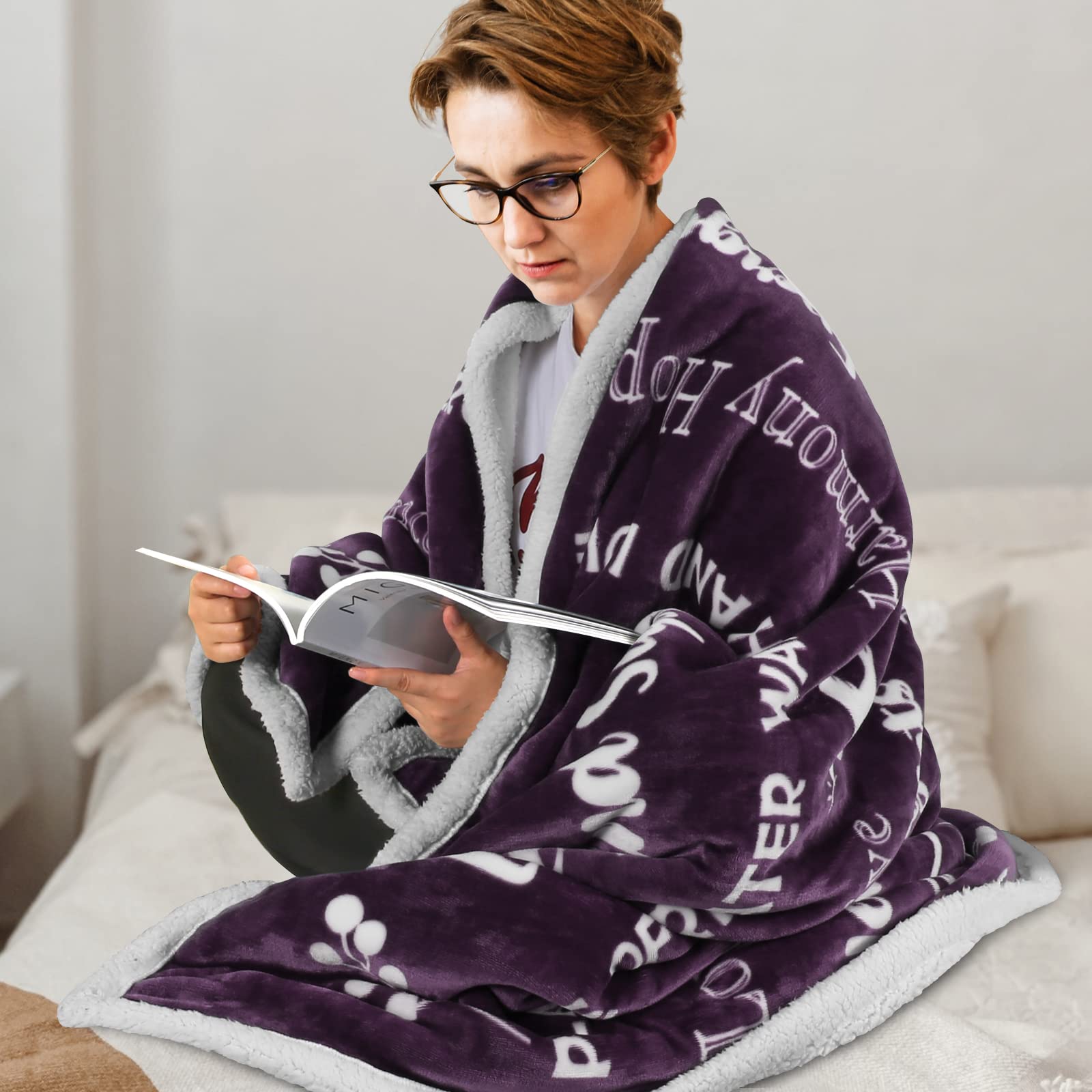 **MACEVIA Reversible Sherpa Fleece Throw Blanket - Super Soft & Warm Breast Cancer Gift for Women - Inspirational Chemo Healing Blanket for Mom - 50